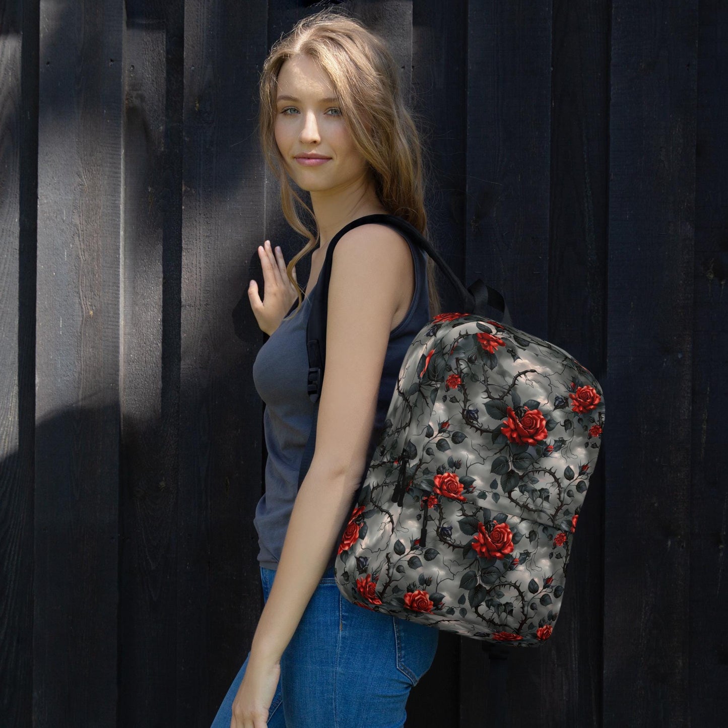 Backpack, Gothic red rose black thorn dark color stylish back pack carrying case
