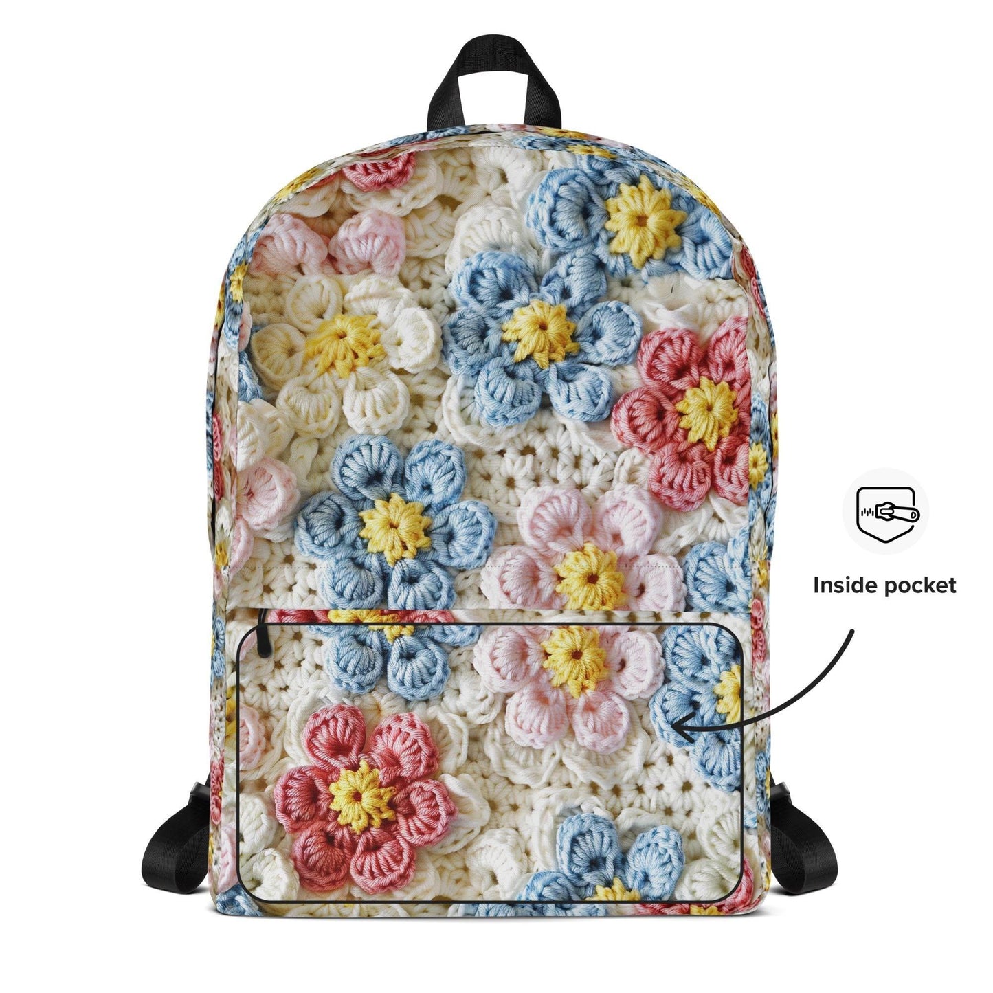 Mochila con estampado de flores pastel de crochet por todas partes, ideal para el regreso a clases, el trabajo, el gimnasio, viajes, multiusos, elegante, para llevar contigo, mochila, libro, portátil.