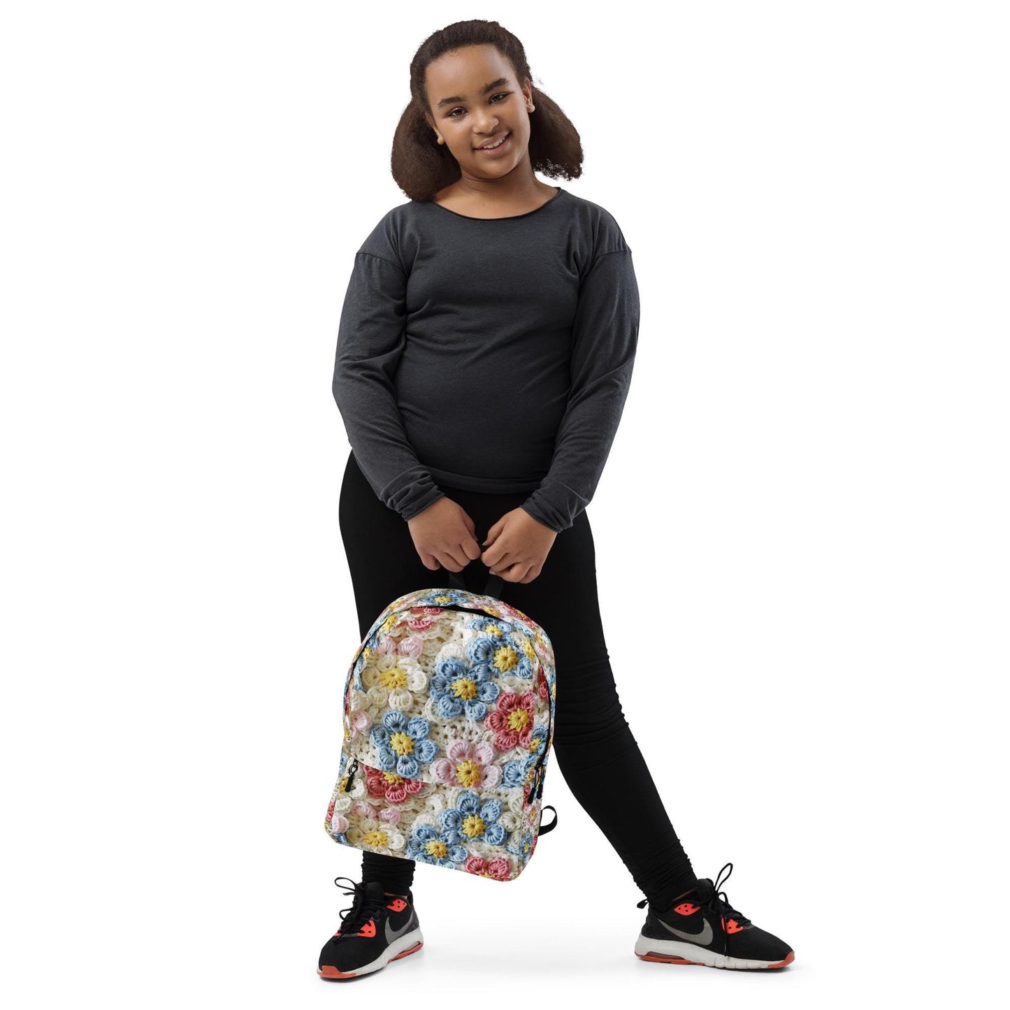 Mochila con estampado de flores pastel de crochet por todas partes, ideal para el regreso a clases, el trabajo, el gimnasio, viajes, multiusos, elegante, para llevar contigo, mochila, libro, portátil.