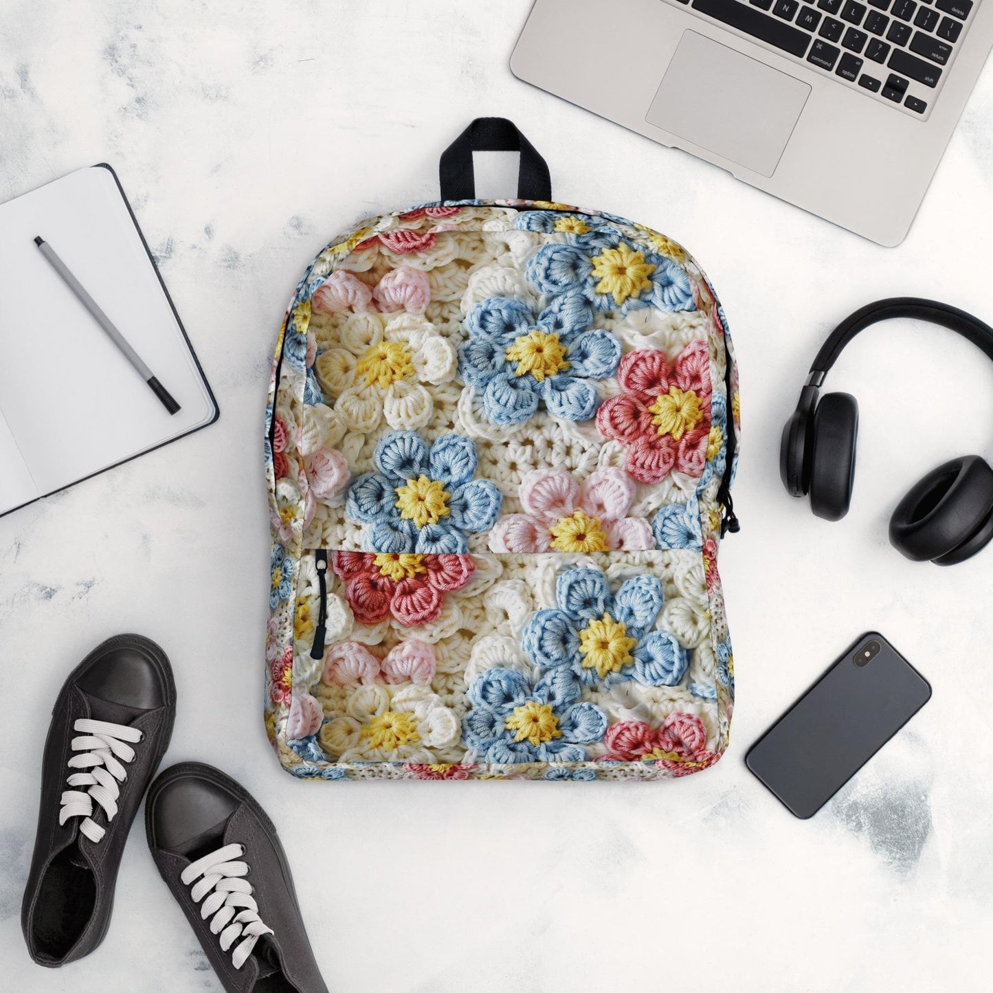 Mochila con estampado de flores pastel de crochet por todas partes, ideal para el regreso a clases, el trabajo, el gimnasio, viajes, multiusos, elegante, para llevar contigo, mochila, libro, portátil.