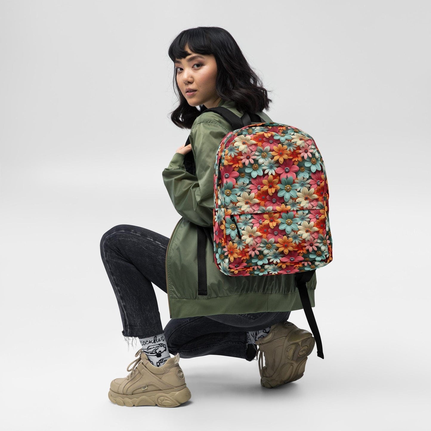 Backpack, 3D bright floral arrangement portrait design book sachel school pencil markers laptop ipad gym clothes lunch carrying bag