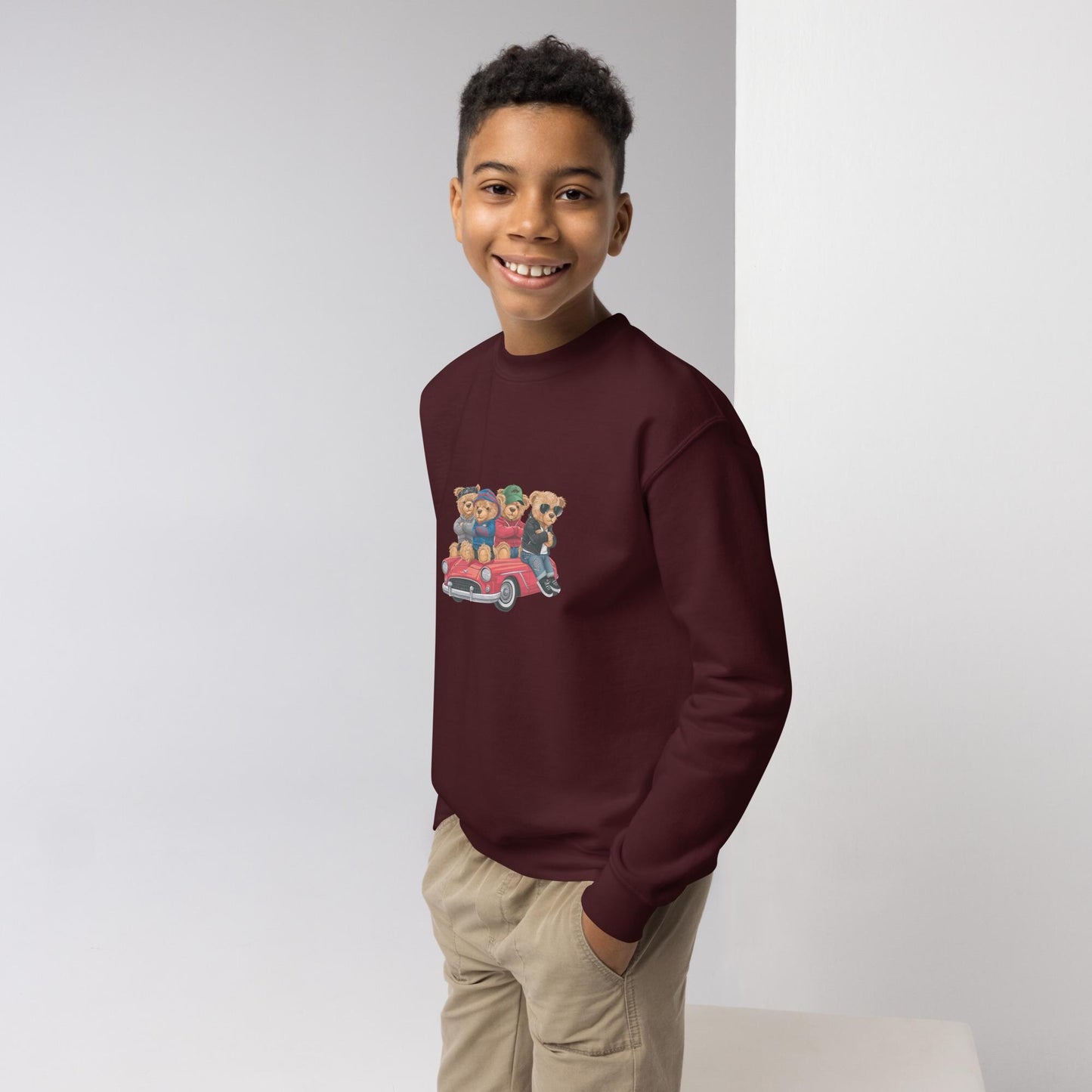 Youth crewneck sweatshirt, Teddy Bears in a car cool cozy casual school yard play time classroom casual dinner school trip kid child sweater
