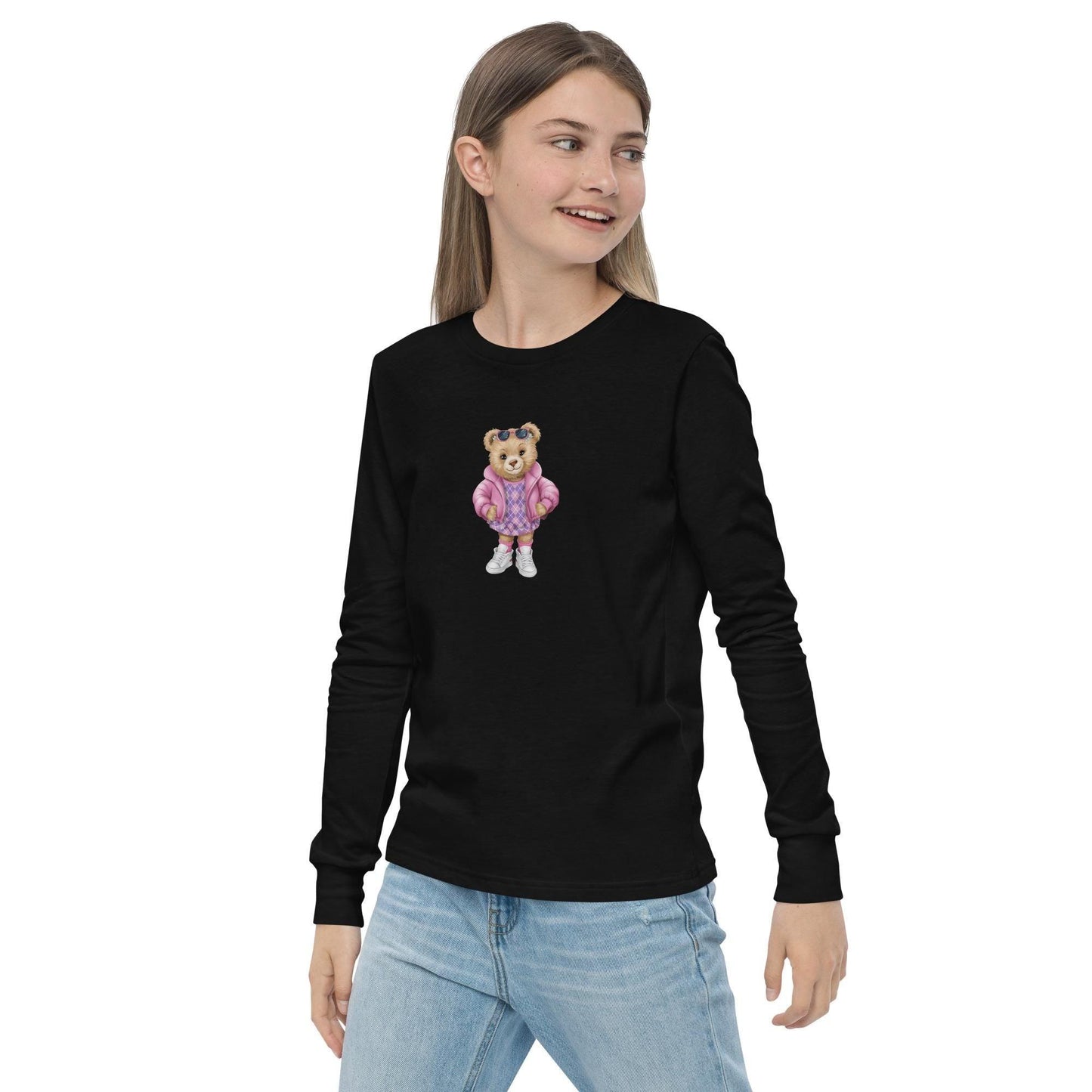 Youth long sleeve tee, Female child cute adorable fashion girlie Teddy Bear design wear for everyday casual classroom playground school day