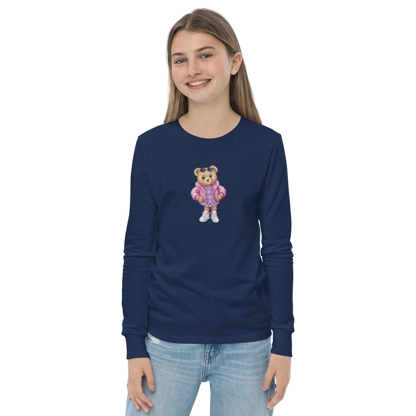 Youth long sleeve tee, Female child cute adorable fashion girlie Teddy Bear design wear for everyday casual classroom playground school day