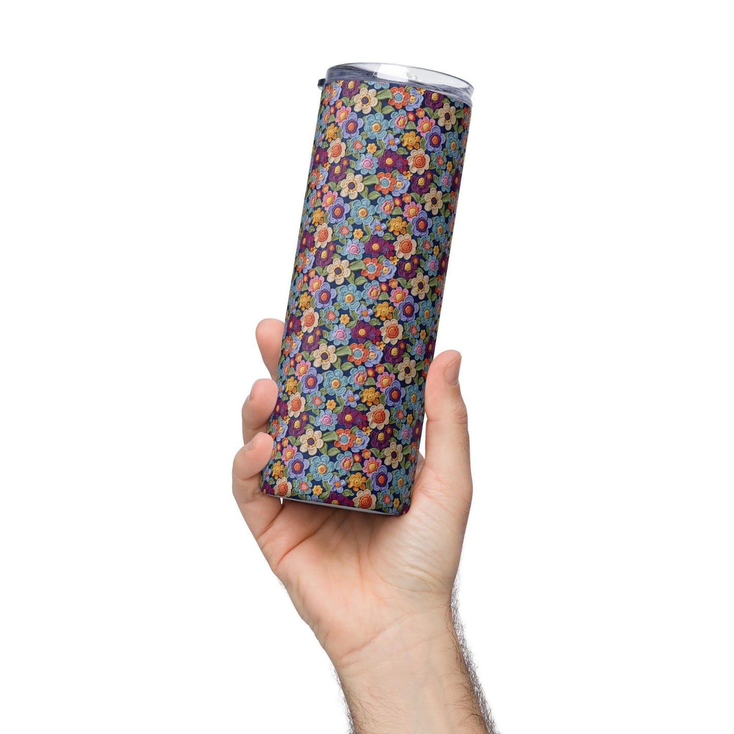 Vaso de acero inoxidable, taza alta y elegante con diseño floral de crochet AOP, ideal para la escuela, el trabajo, caminar, viajar, conducir y como regalo para estudiantes.