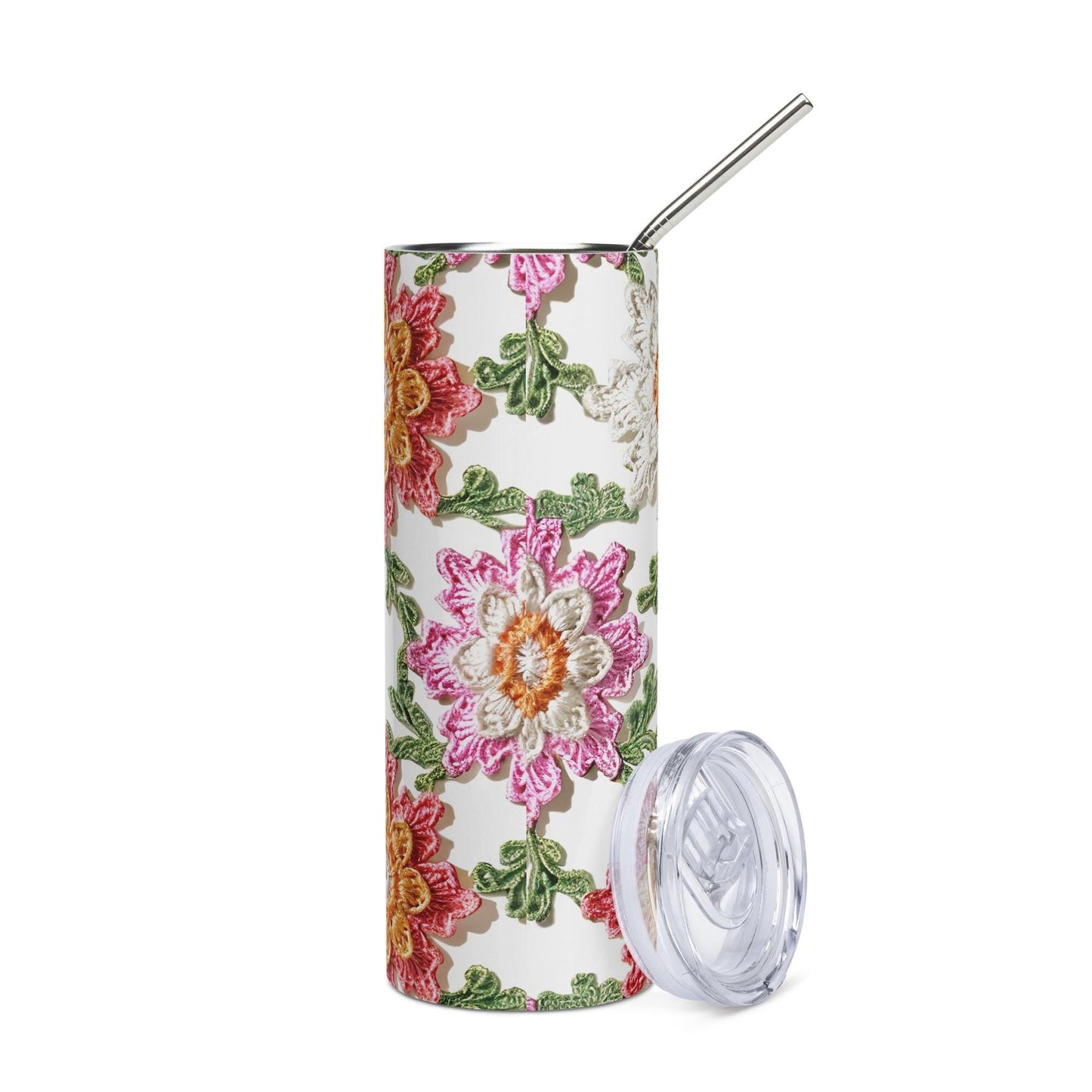 Stainless steel tumbler, stylish large floral crotchet pattern AOP for everyday water juice coffee hot tea school travel walk hiking cup