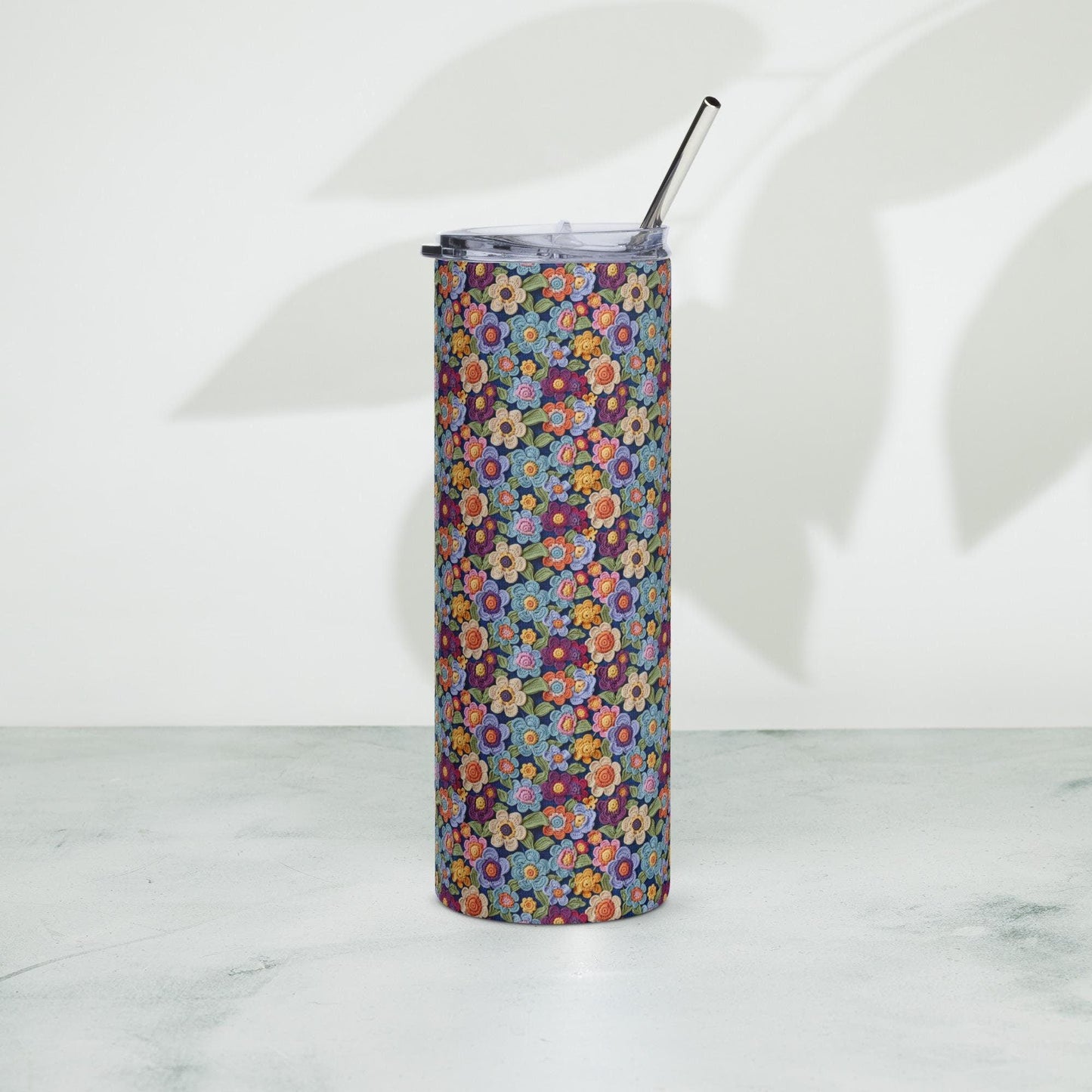 Vaso de acero inoxidable, taza alta y elegante con diseño floral de crochet AOP, ideal para la escuela, el trabajo, caminar, viajar, conducir y como regalo para estudiantes.