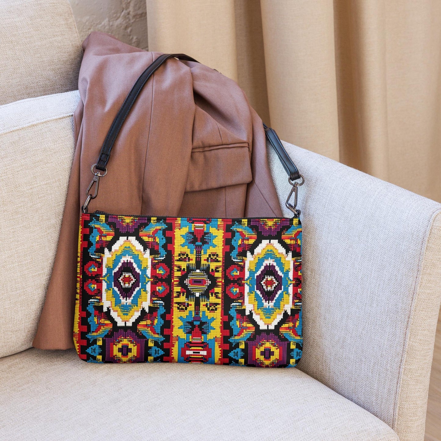 Bolso bandolera, diseño de moda unisex con estampado tribal colorido e informal, ideal para uso diario, escuela, negocios, conferencias y reuniones.