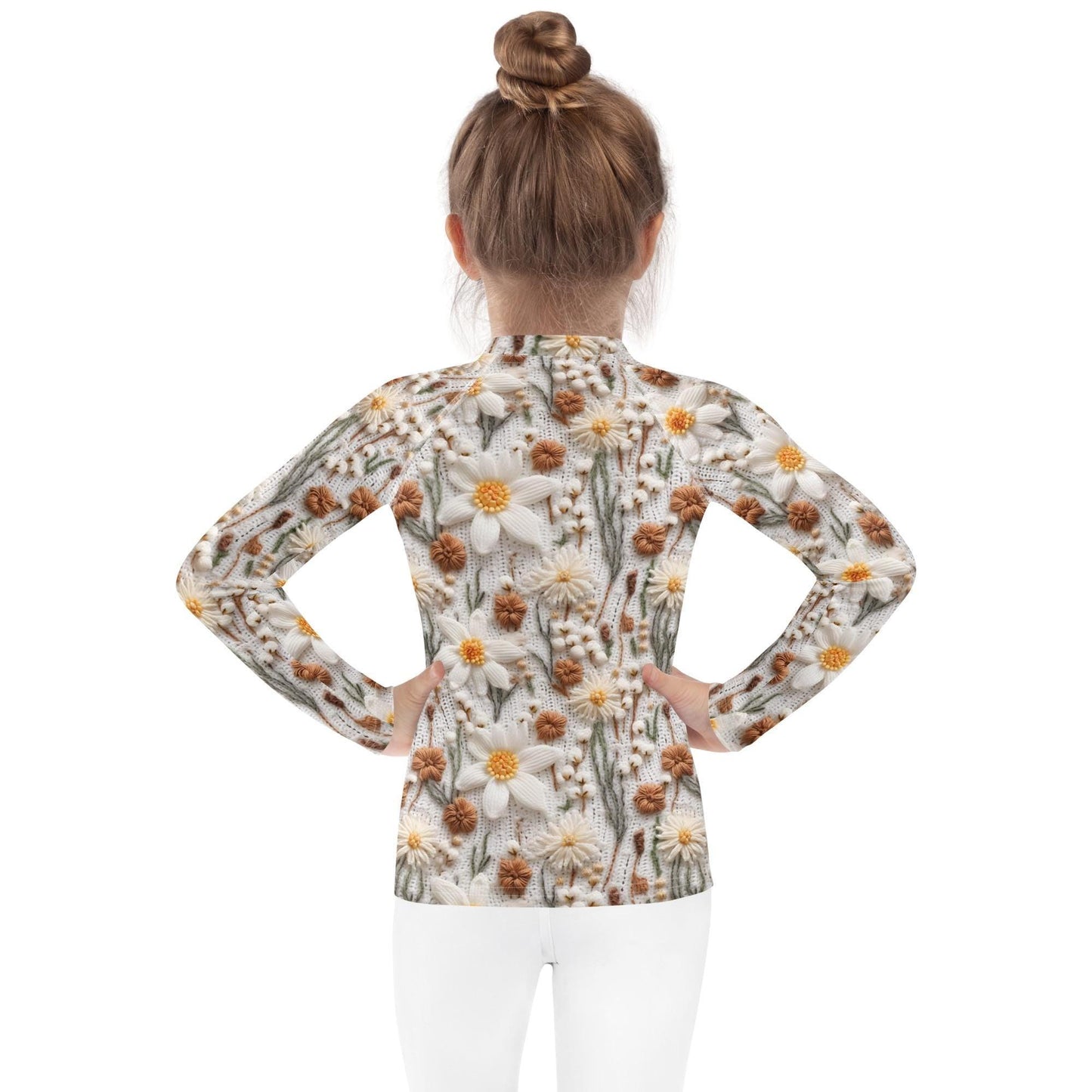 Kids Rash Guard, Crotchet floral pattern fitted kid child girl casual playground classroom everyday wear stylish long sleeve spandex shirt