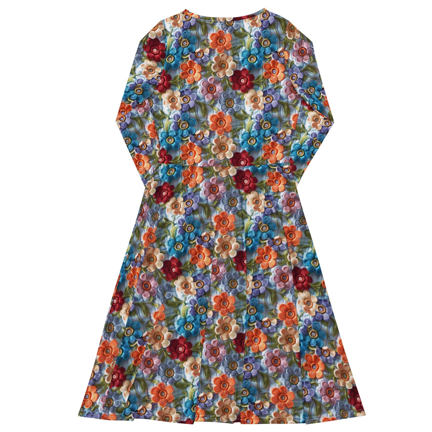 All-over print long sleeve midi dress, school work party fashion style floral crotchet allover pretty pattern design clothing attire
