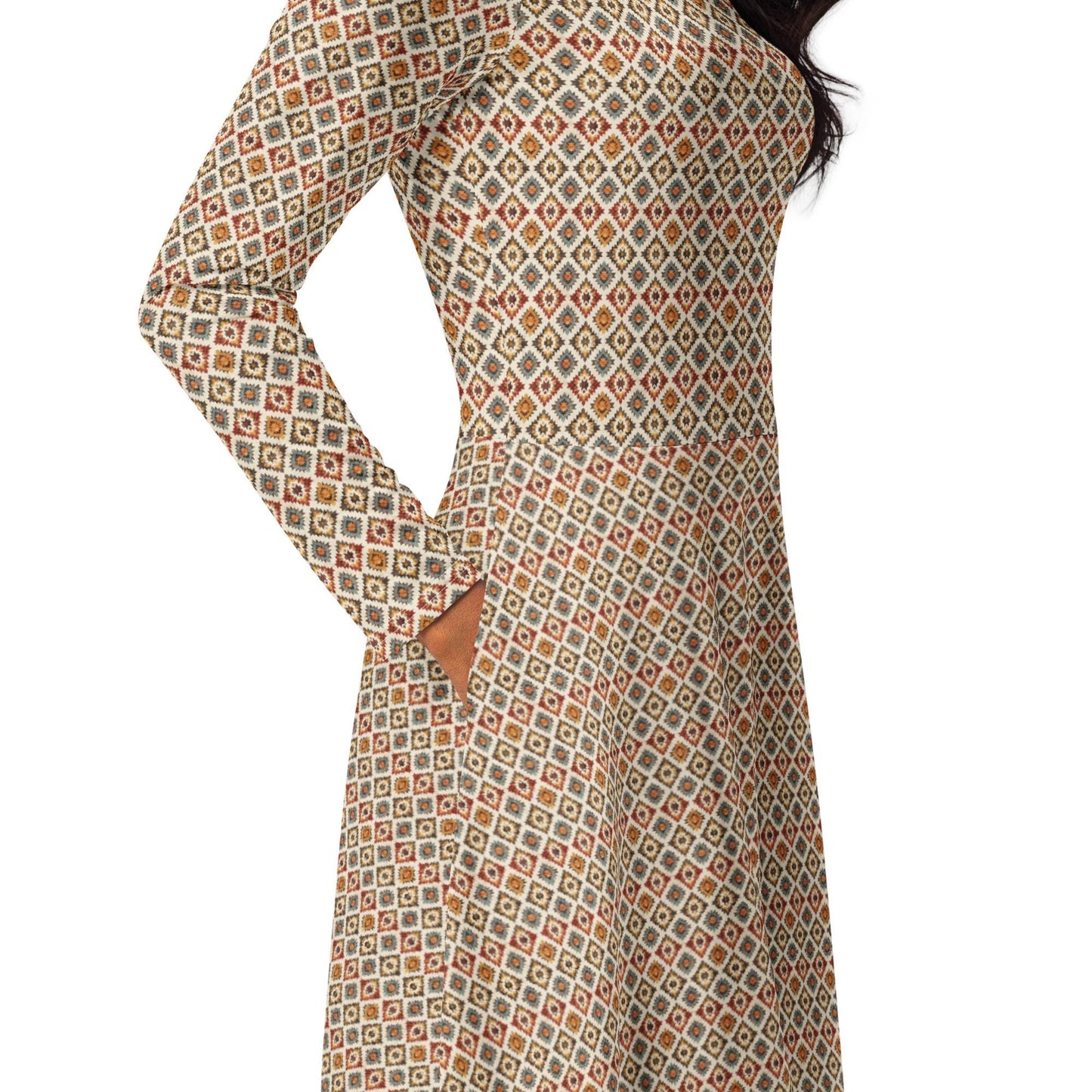 All-over print long sleeve midi dress, tribal all over print pattern design casual date entrepreneur female clothing wear mid length dress
