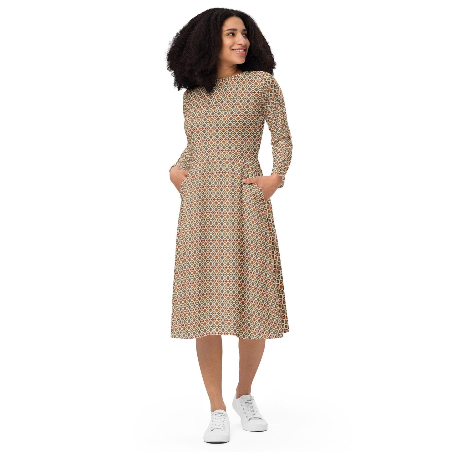 All-over print long sleeve midi dress, tribal all over print pattern design casual date entrepreneur female clothing wear mid length dress