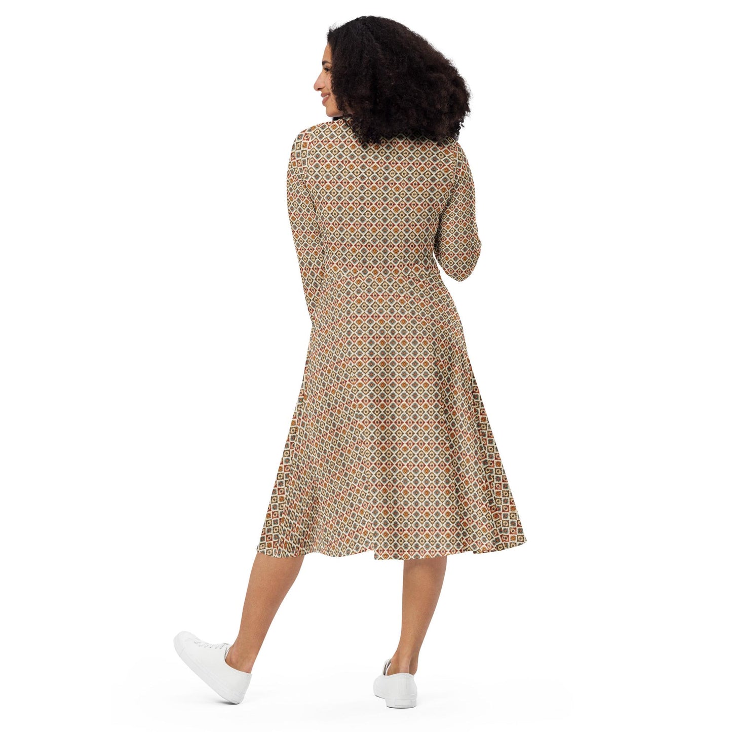 All-over print long sleeve midi dress, tribal all over print pattern design casual date entrepreneur female clothing wear mid length dress