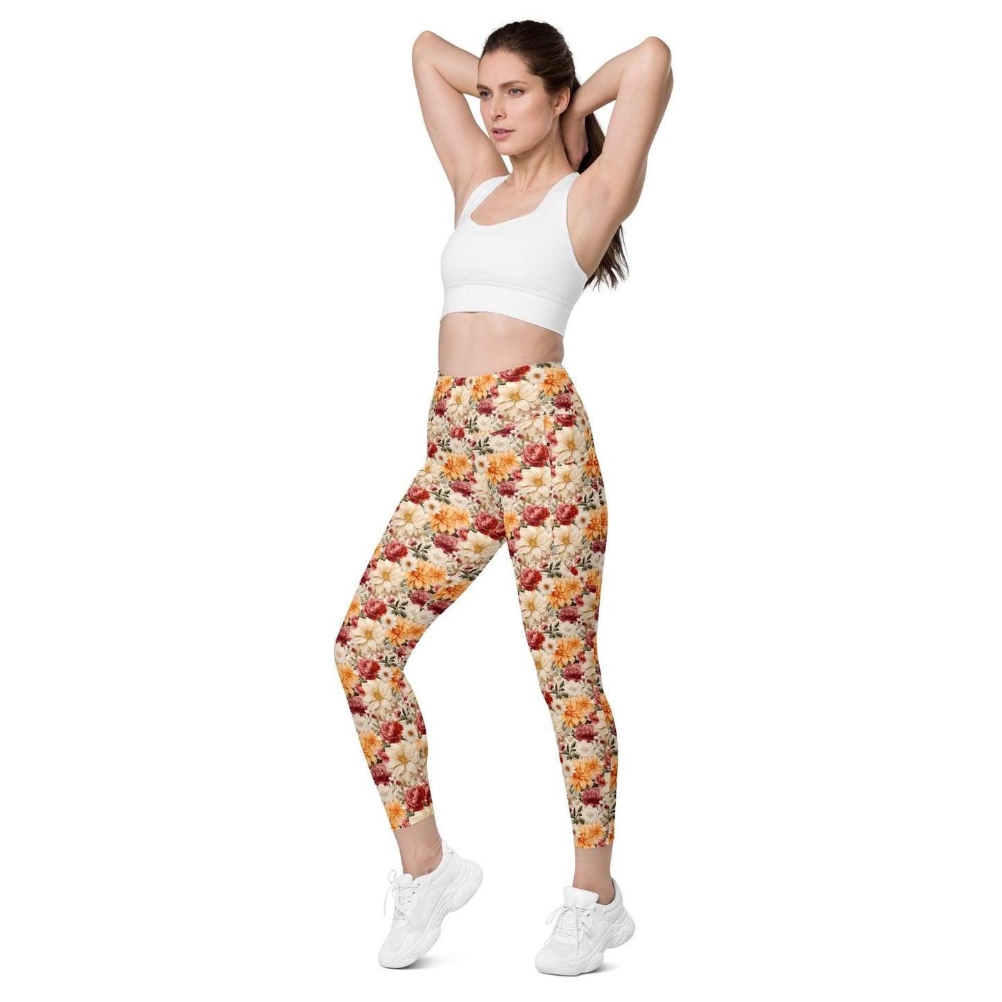 Leggings with pockets, Floral all over print pretty pattern design yoga workout walking all activity casual dress up clothing fitting pants