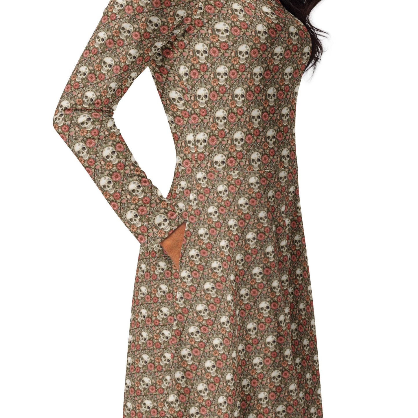 All-over print long sleeve midi dress, Sugar skull pink hue floral print pattern stylish designer versatile any occassion fitted flare wear