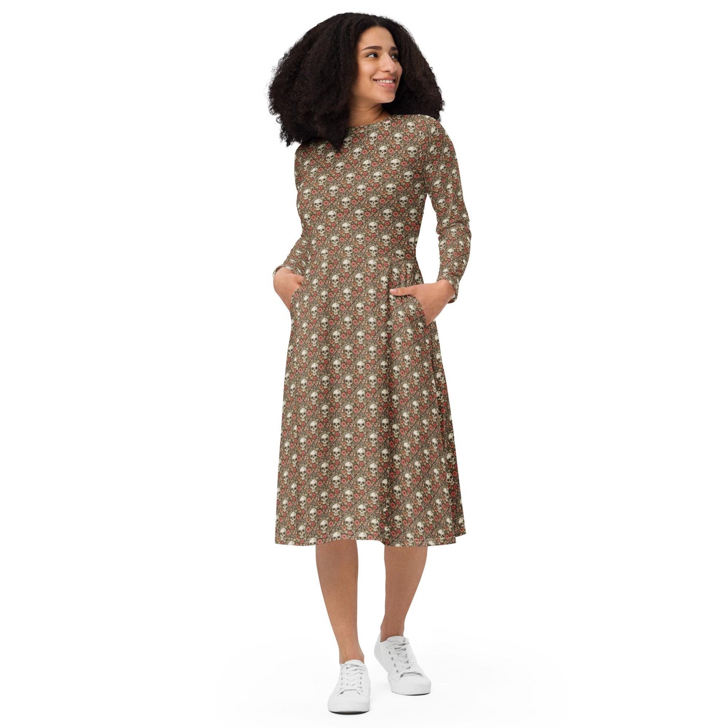 All-over print long sleeve midi dress, Sugar skull pink hue floral print pattern stylish designer versatile any occassion fitted flare wear