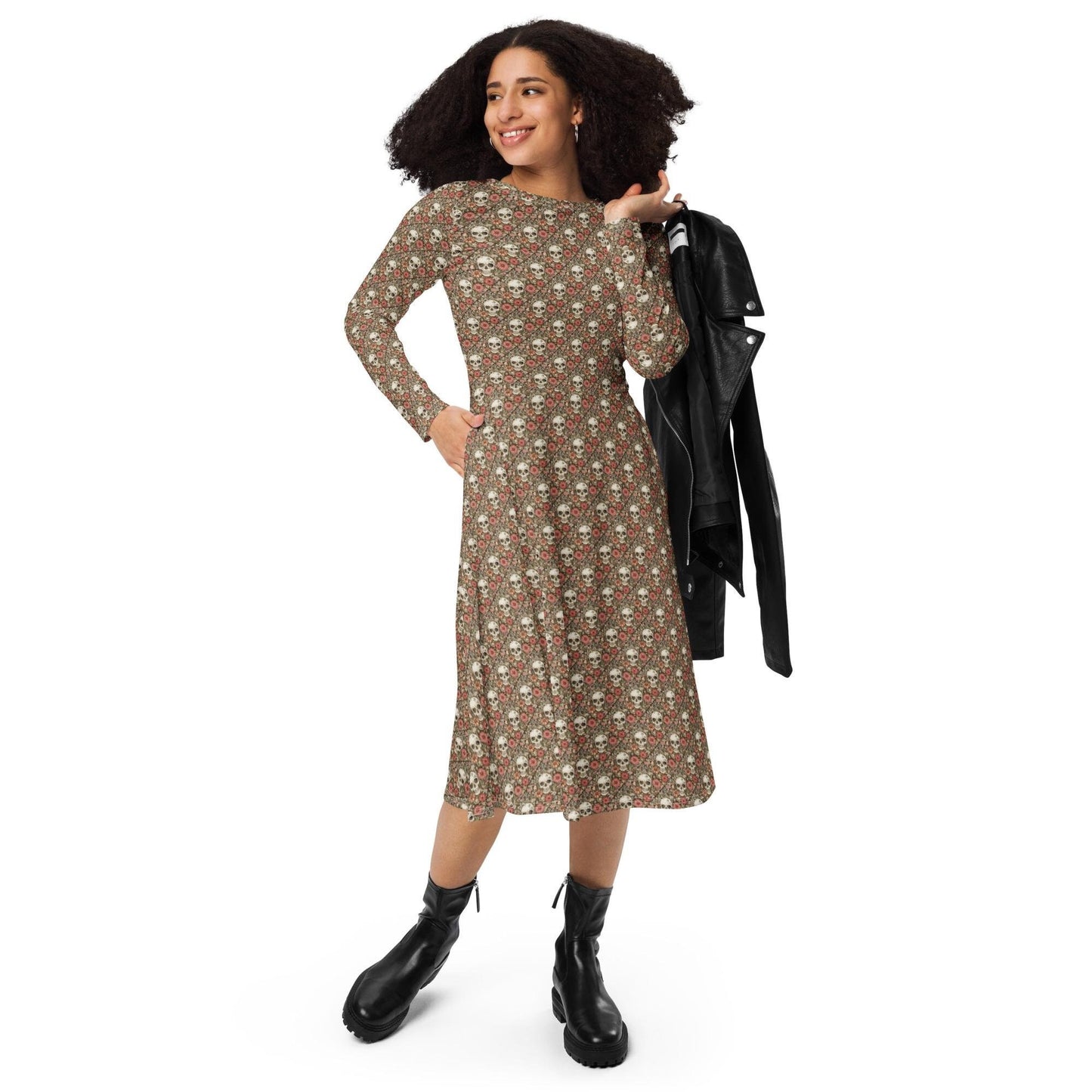 All-over print long sleeve midi dress, Sugar skull pink hue floral print pattern stylish designer versatile any occassion fitted flare wear