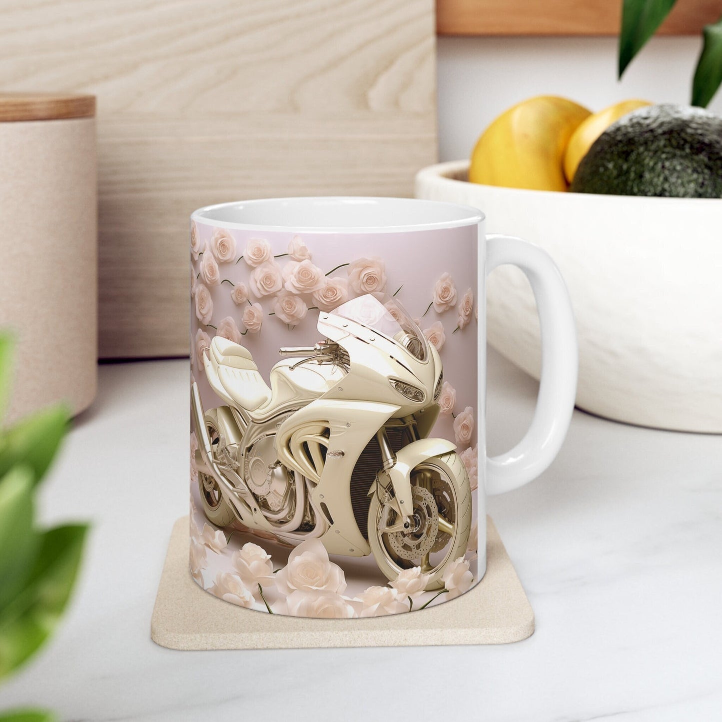 Taza de cerámica de 11 oz, diseño floral pastel de motocicleta elegante, taza para café, té caliente, bebida, gran regalo para ella