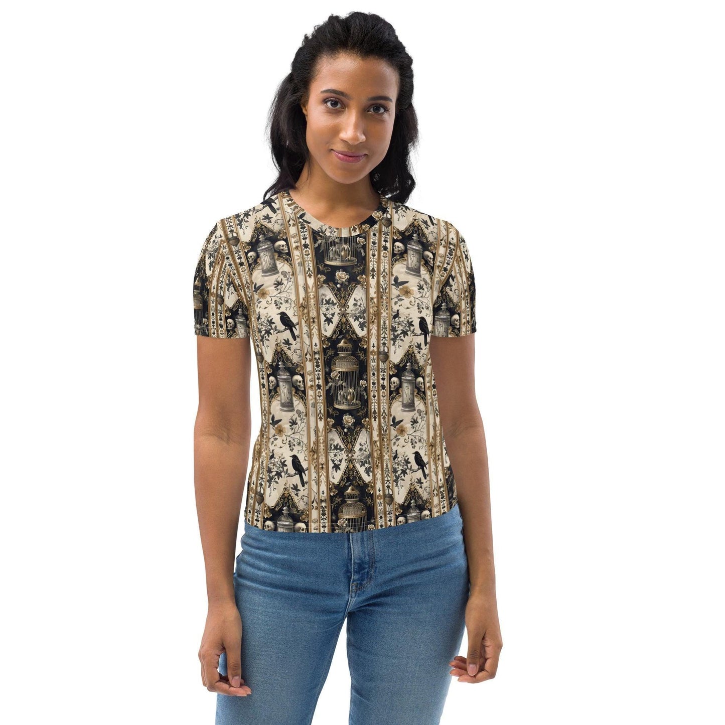 Women's T-shirt, Gothic pattern print all over smooth soft Halloween theme casual cool everyday clothing female jean wear