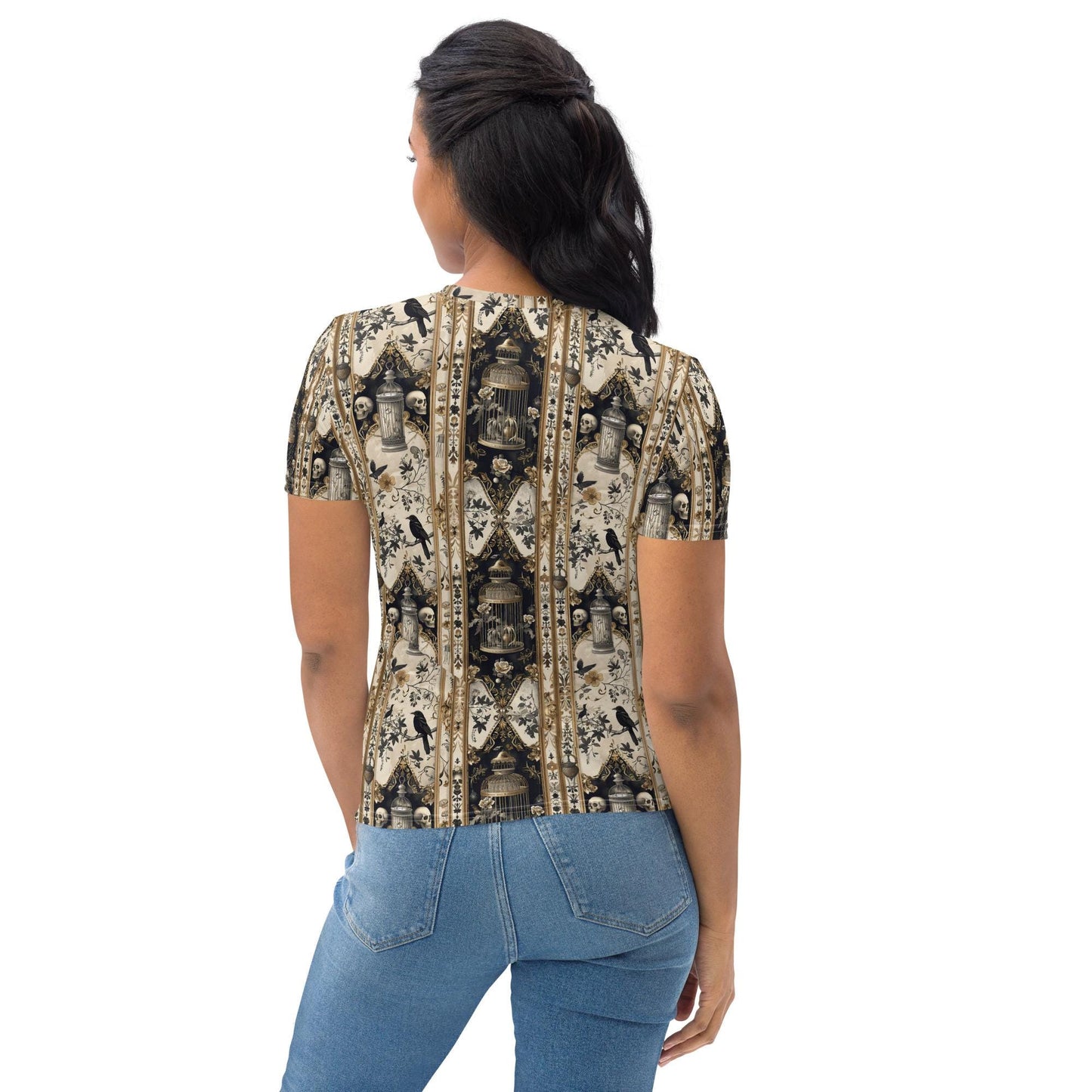 Women's T-shirt, Gothic pattern print all over smooth soft Halloween theme casual cool everyday clothing female jean wear