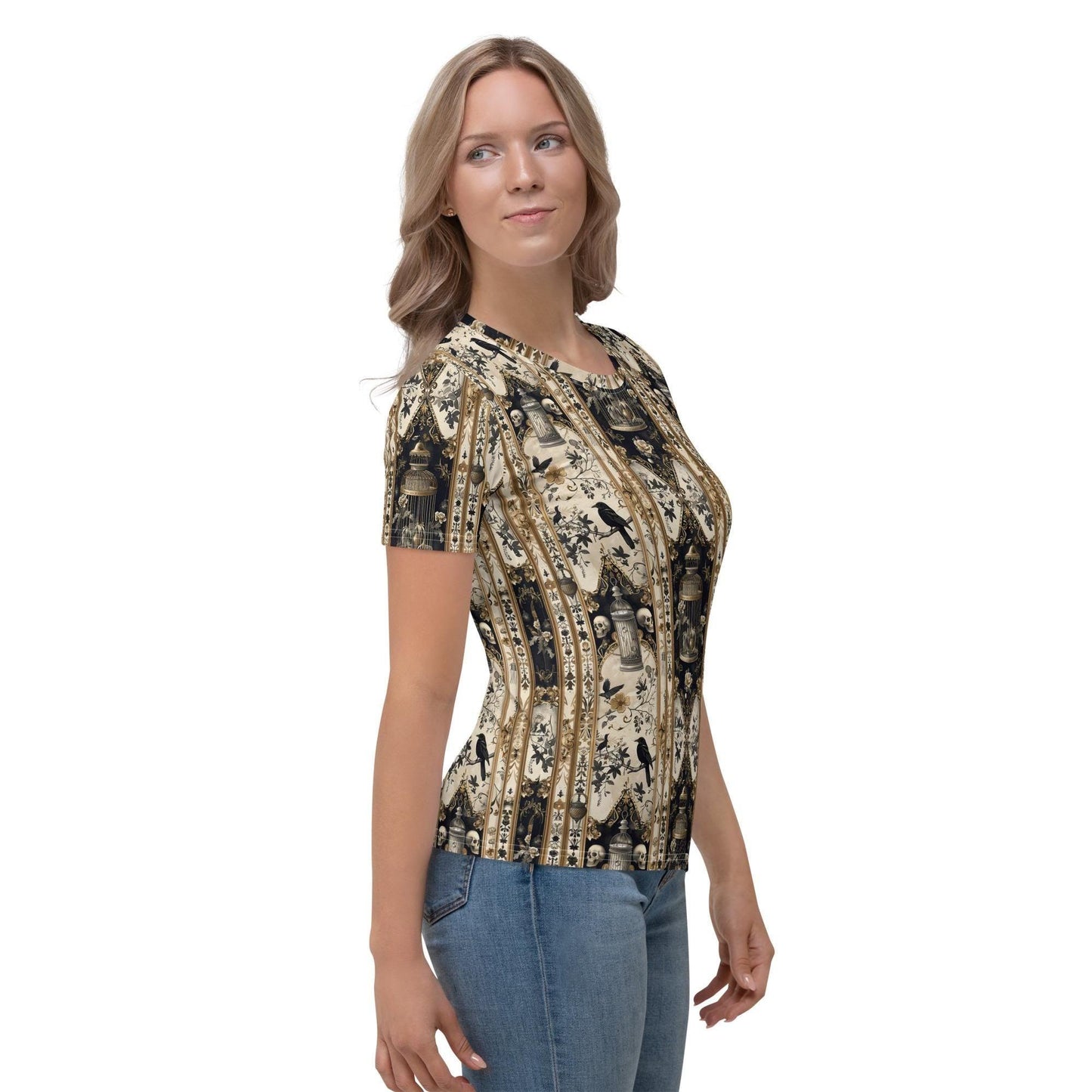 Women's T-shirt, Gothic pattern print all over smooth soft Halloween theme casual cool everyday clothing female jean wear