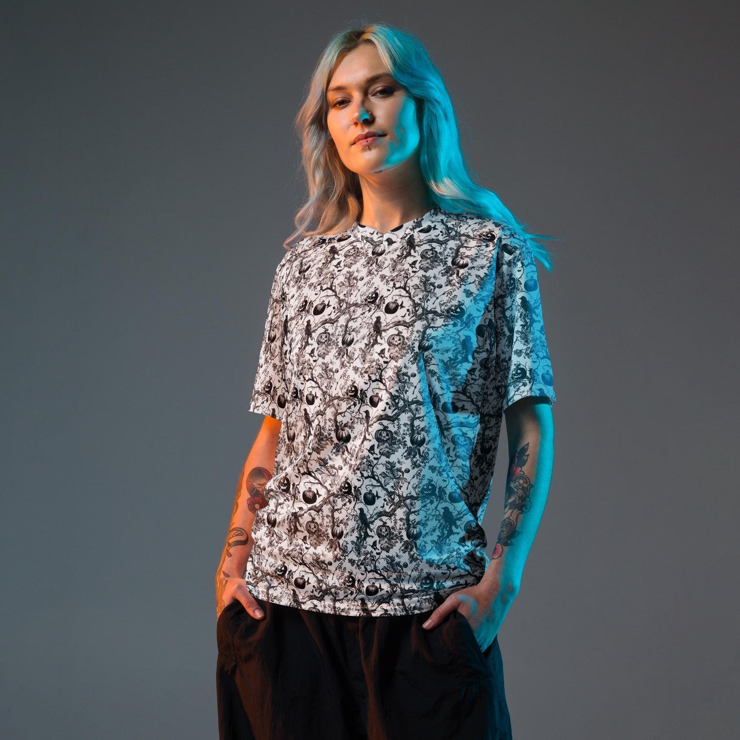 Recycled unisex sports jersey, Halloween stylish fashion cool pattern breathable v neck daily wear stretch fabric casual jean pants shirt