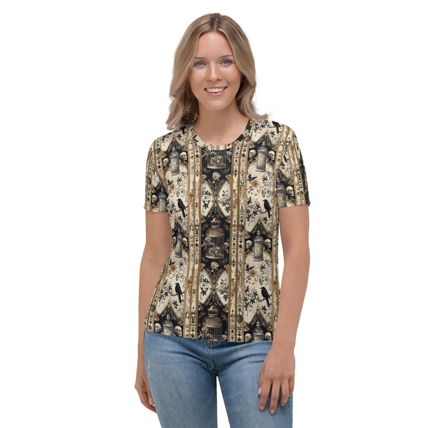 Women's T-shirt, Gothic pattern print all over smooth soft Halloween theme casual cool everyday clothing female jean wear