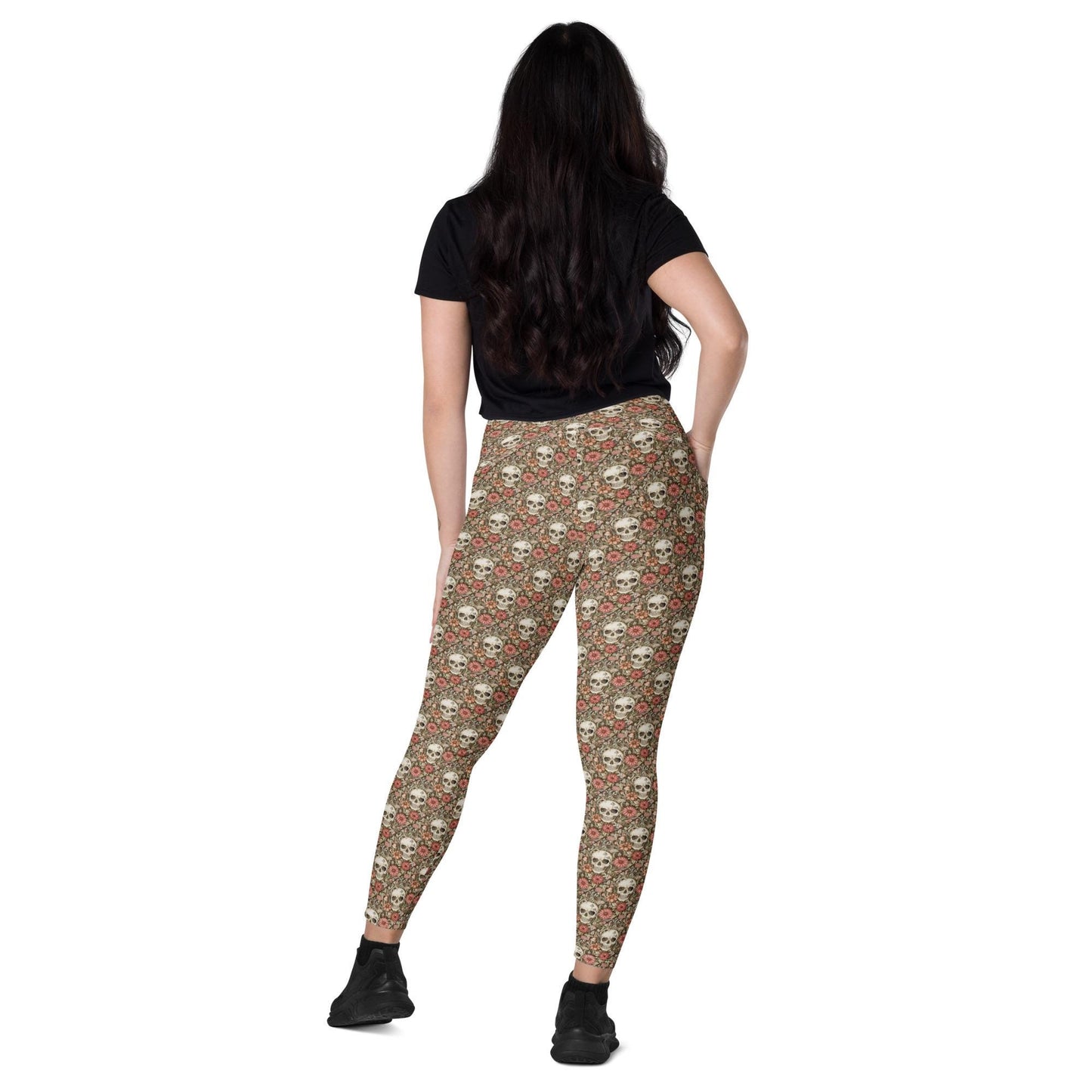 Leggings with pockets, Sugar skull day of the dead halloween themed fitted high waist all over pattern stretchy gym walking shopping pants