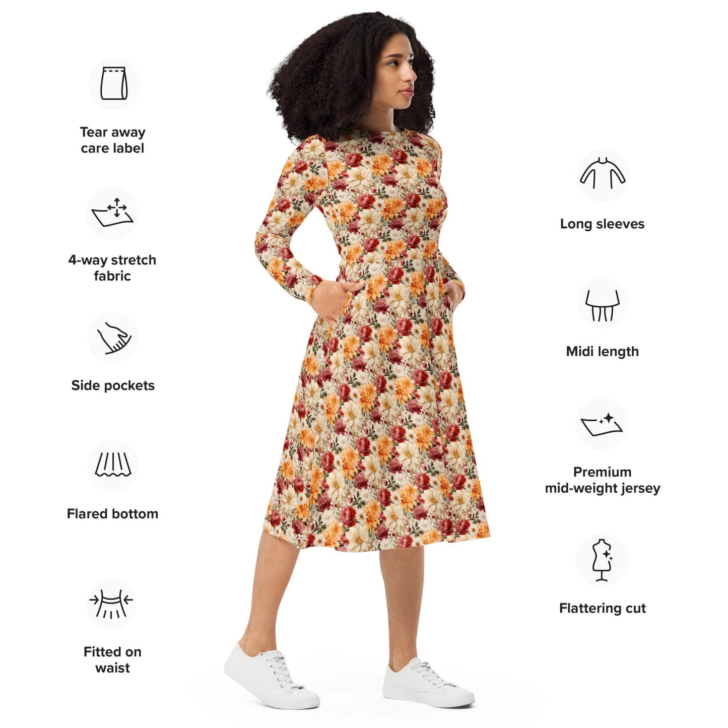 All-over print long sleeve midi dress, Bright large floral print pattern dinner date casual event classy stylish midi dress design dress
