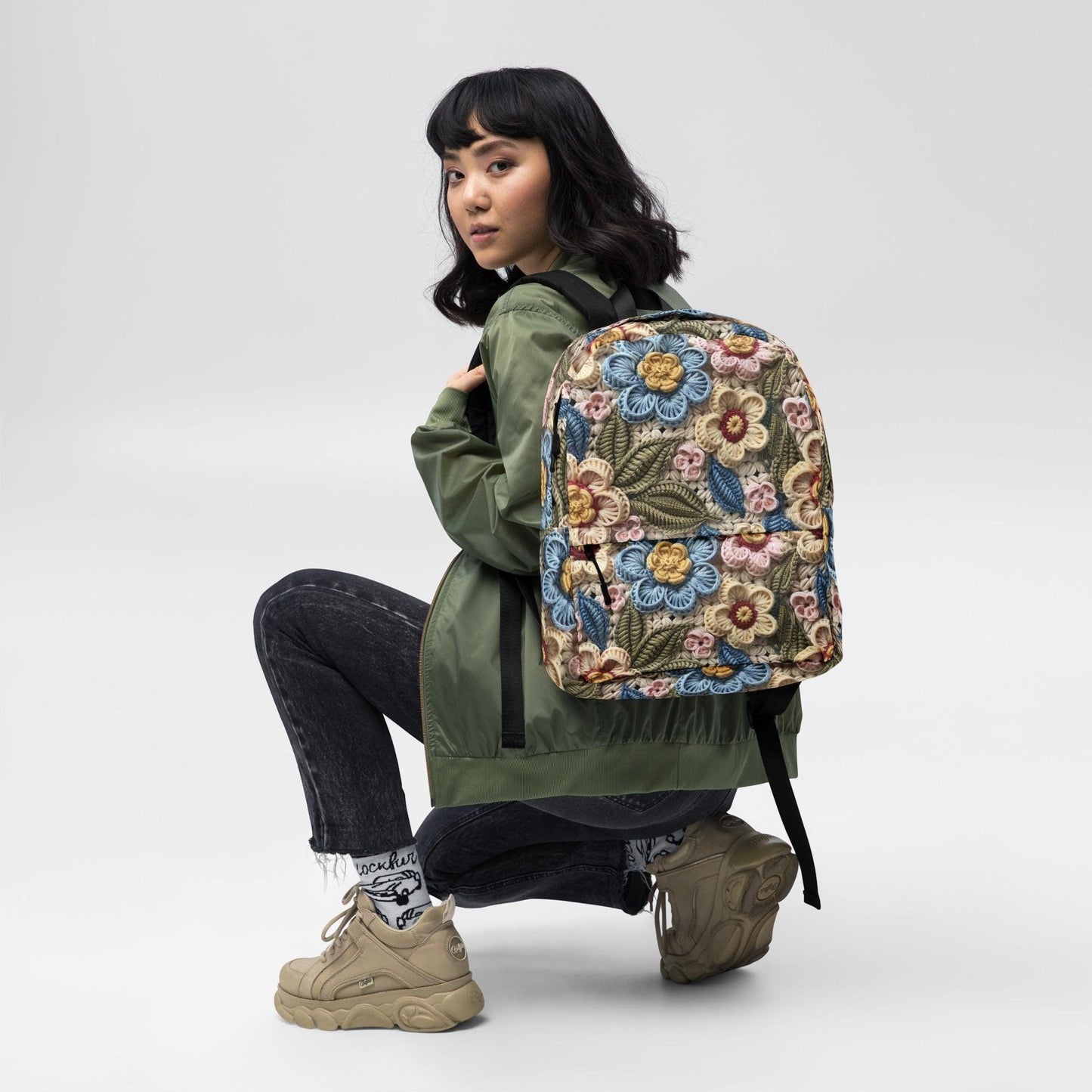 3D Floral Crochet Print Design Backpack | Light & Colorful Shoulder Bag