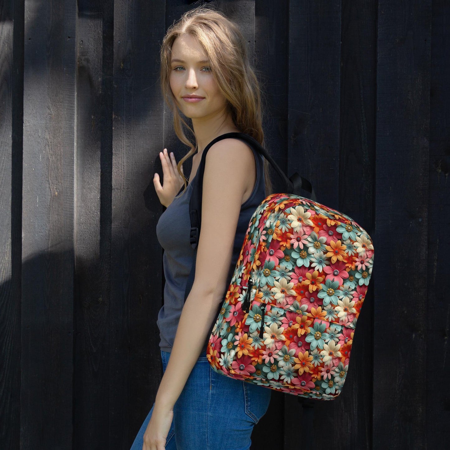 Backpack, 3D bright floral arrangement portrait design book sachel school pencil markers laptop ipad gym clothes lunch carrying bag