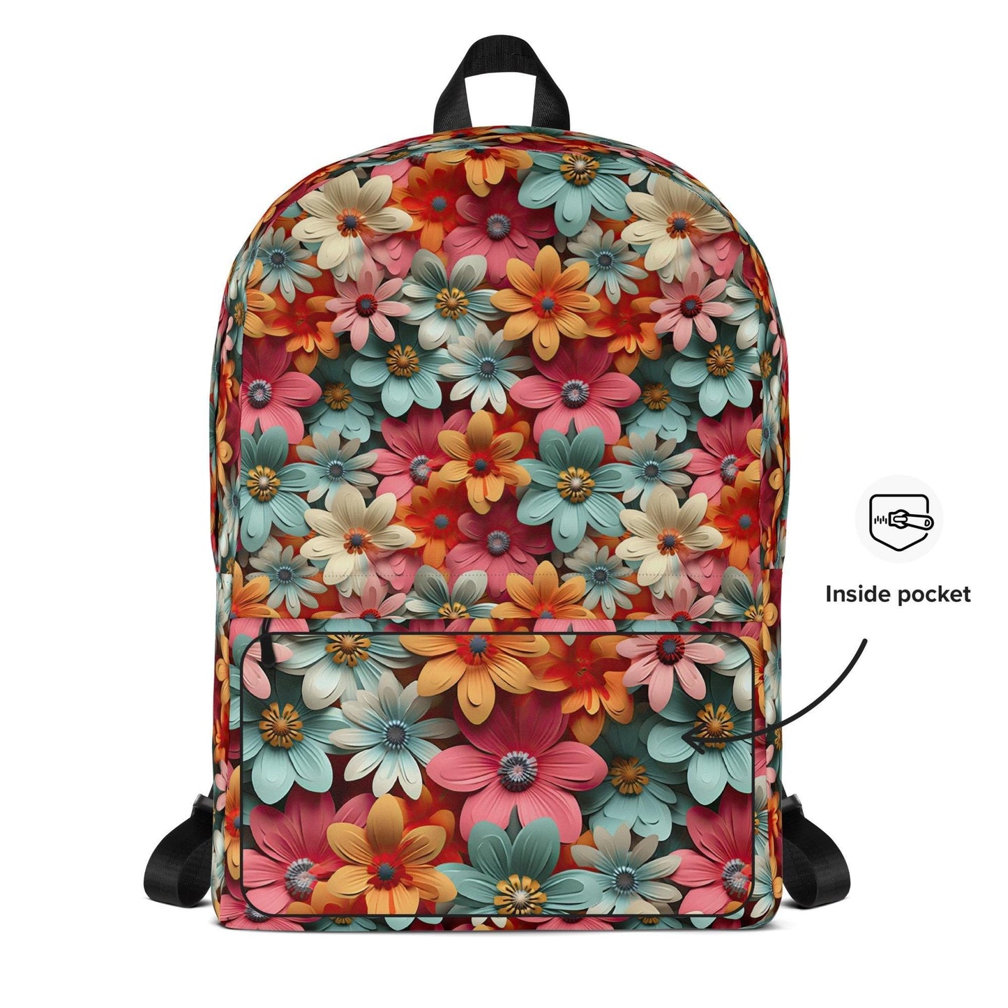 Backpack, 3D bright floral arrangement portrait design book sachel school pencil markers laptop ipad gym clothes lunch carrying bag