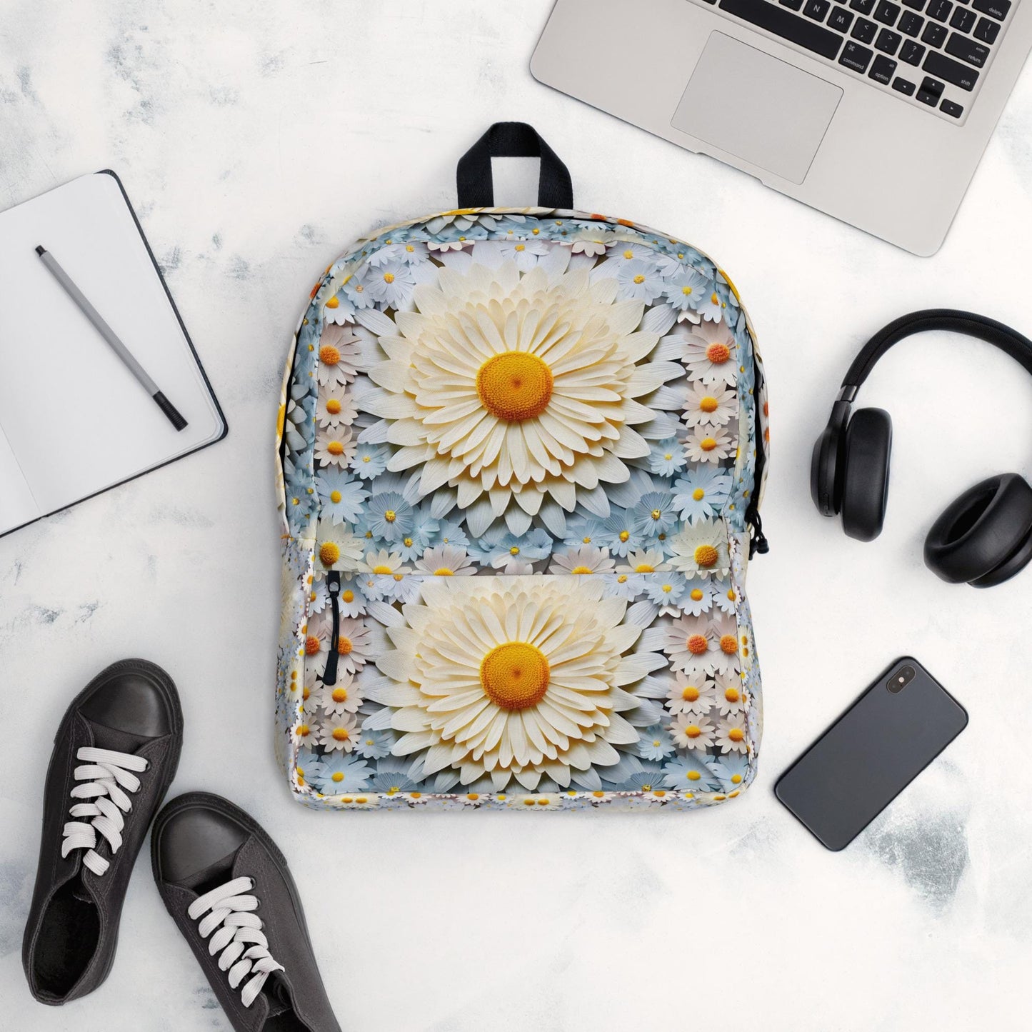 All Ages Backpack, Large colorful bright daisy flower picturesque portrait designed back to school laptop computer book roomy bag back pack