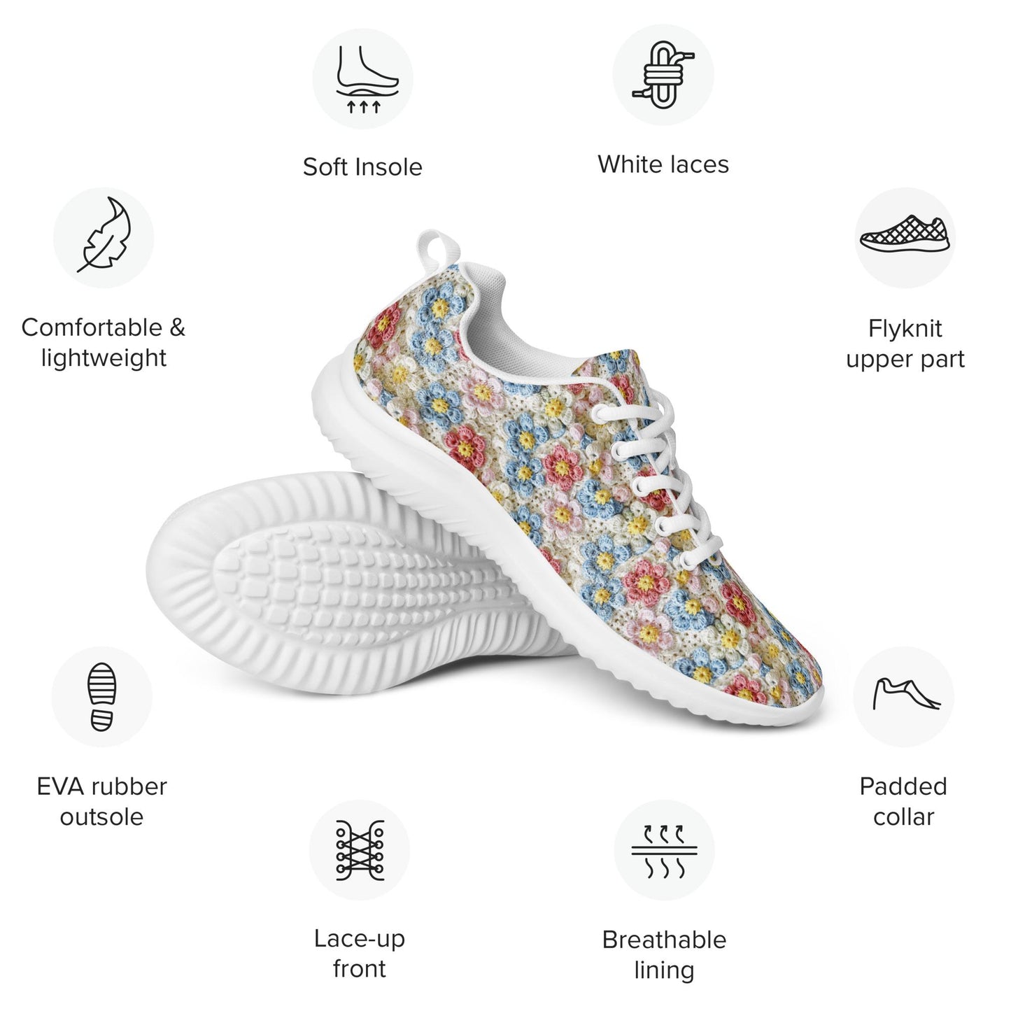 Zapatos deportivos para mujer, diseño con estampado de crochet en color claro, hechos a mano, estilo de moda, casuales, suaves, bonitos, cómodos para todos los días.