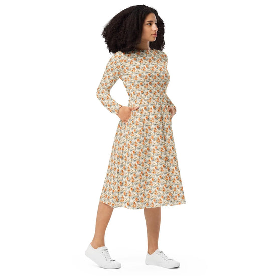 All-over print long sleeve pretty floral print pattern mididress stylish date night graduation holiday dinner below the calf length dress