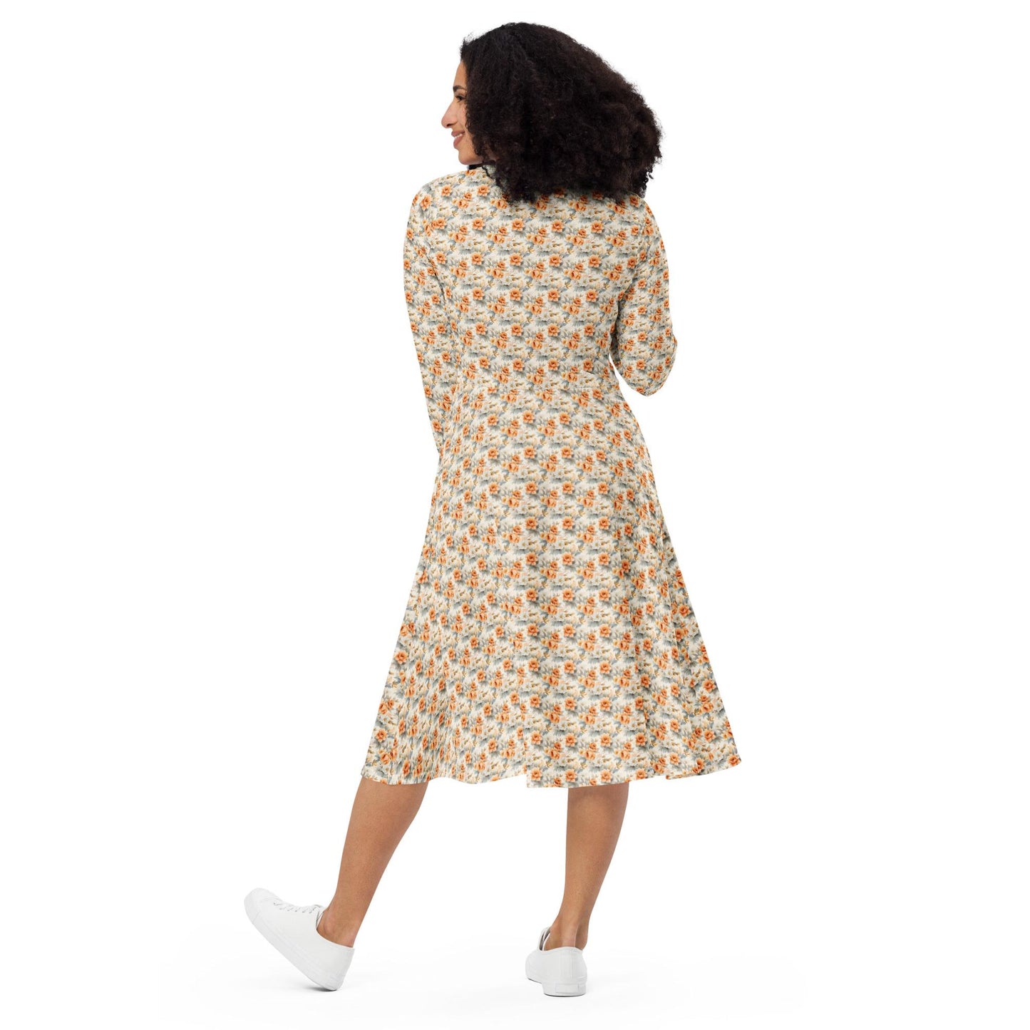 All-over print long sleeve pretty floral print pattern mididress stylish date night graduation holiday dinner below the calf length dress