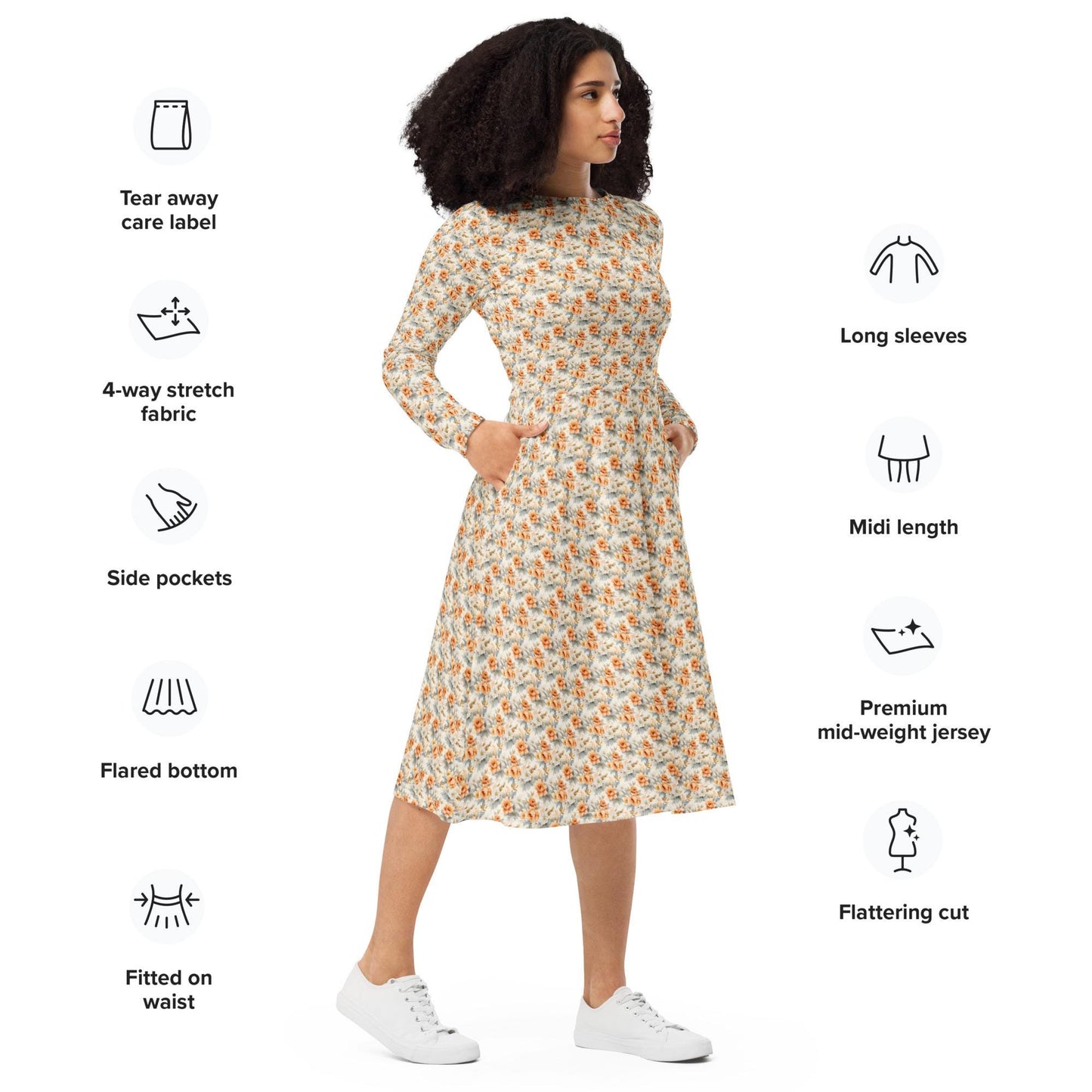 All-over print long sleeve pretty floral print pattern mididress stylish date night graduation holiday dinner below the calf length dress