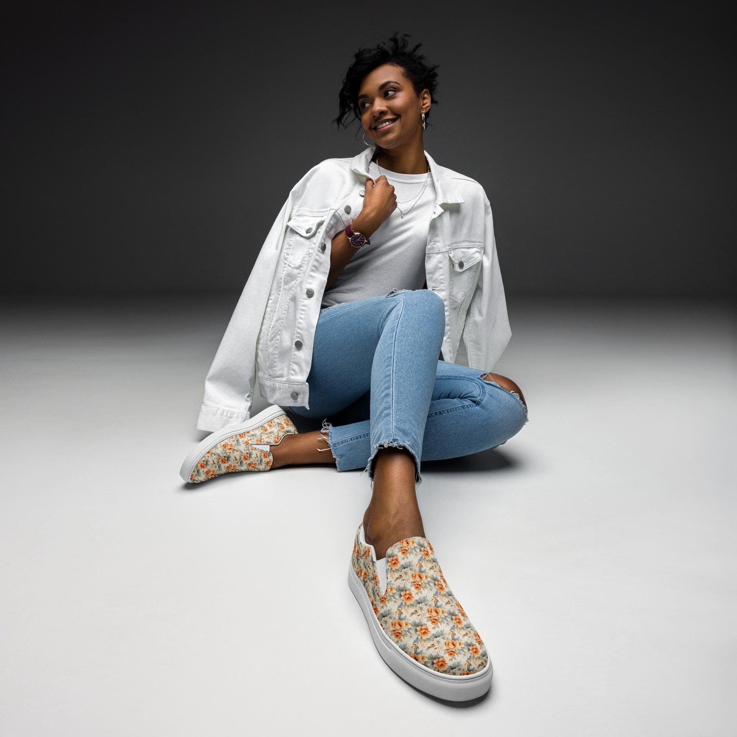 Women’s slip-on canvas shoes, Bright floral pretty all over pattern design fabric style fashion school work casual skinny jeans slip on shoe