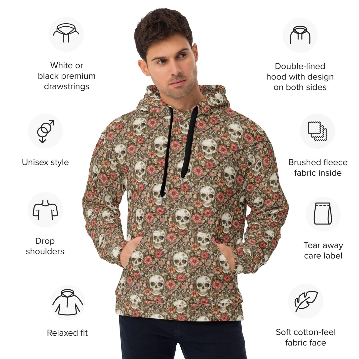 Men's Hoodie gothic floral sugar skull pattern holiday theme casual sporty warm fleece soft stylish sweater great gift for him