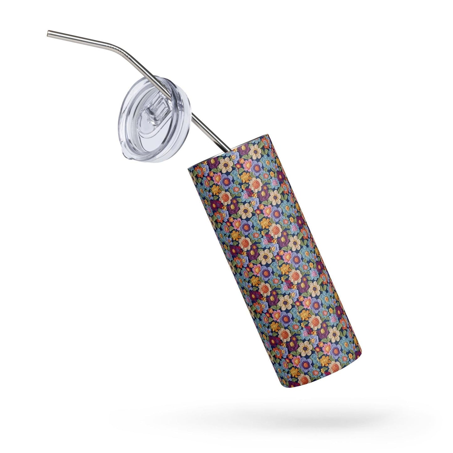 Vaso de acero inoxidable, taza alta y elegante con diseño floral de crochet AOP, ideal para la escuela, el trabajo, caminar, viajar, conducir y como regalo para estudiantes.