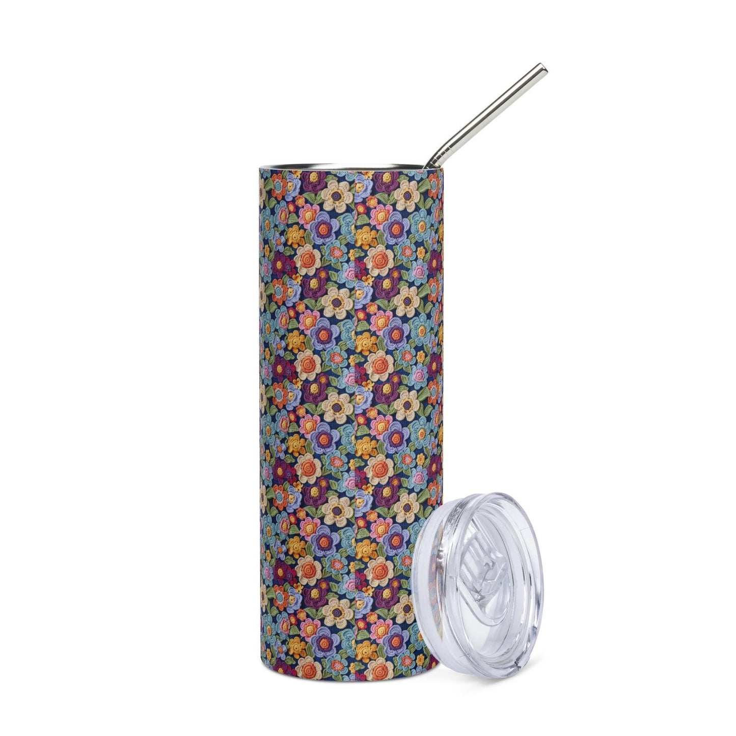 Vaso de acero inoxidable, taza alta y elegante con diseño floral de crochet AOP, ideal para la escuela, el trabajo, caminar, viajar, conducir y como regalo para estudiantes.