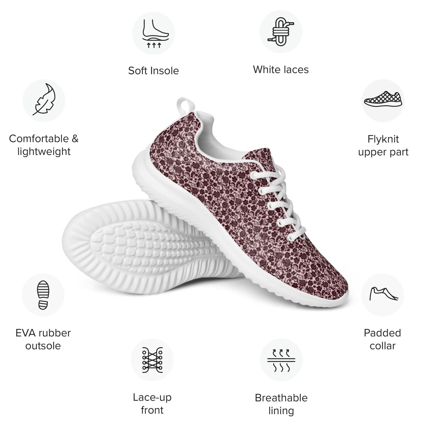 Women’s athletic shoes, Burgandy lace all over print classy sophisticated design casual workout work sporty sneaker jean pairing shoe
