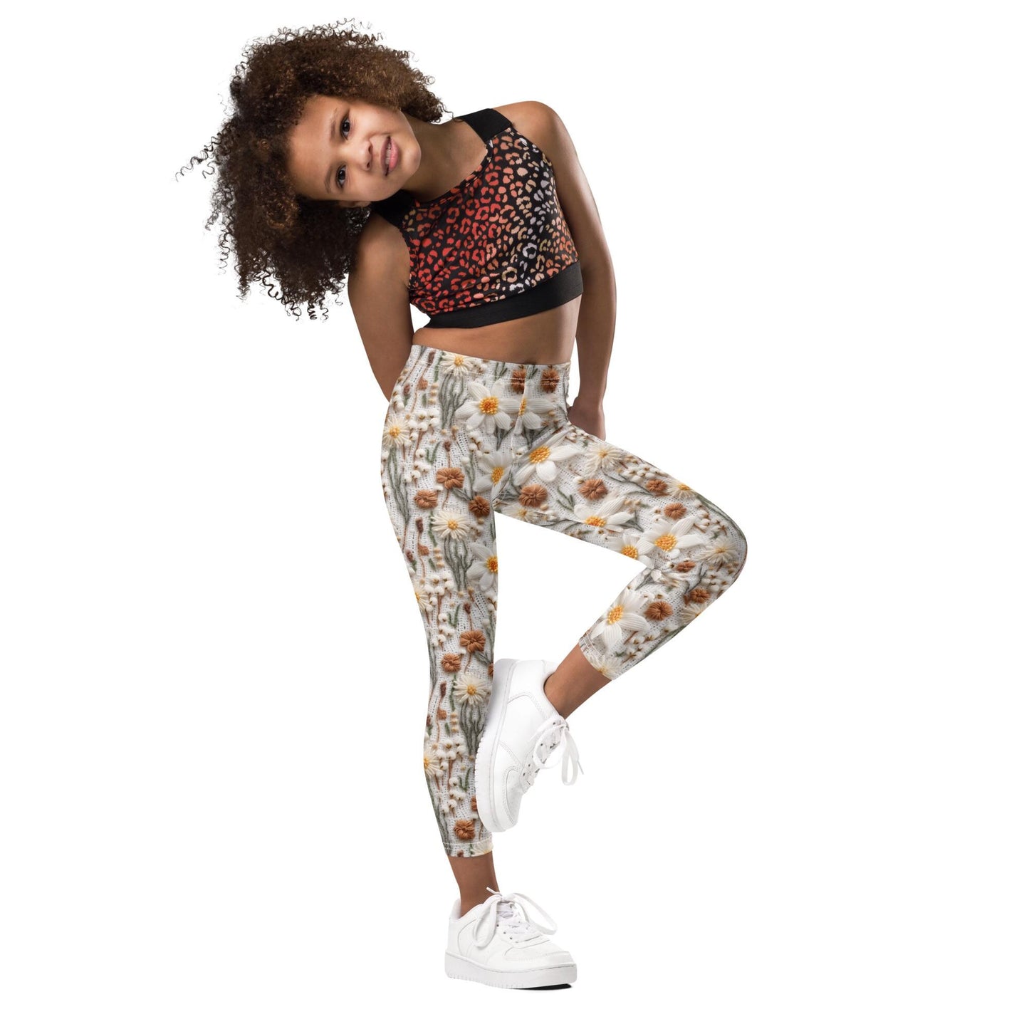 Kid's Leggings, adorable AOP soft stretchy crotchet floral print design children pants stockings great for school travel playground