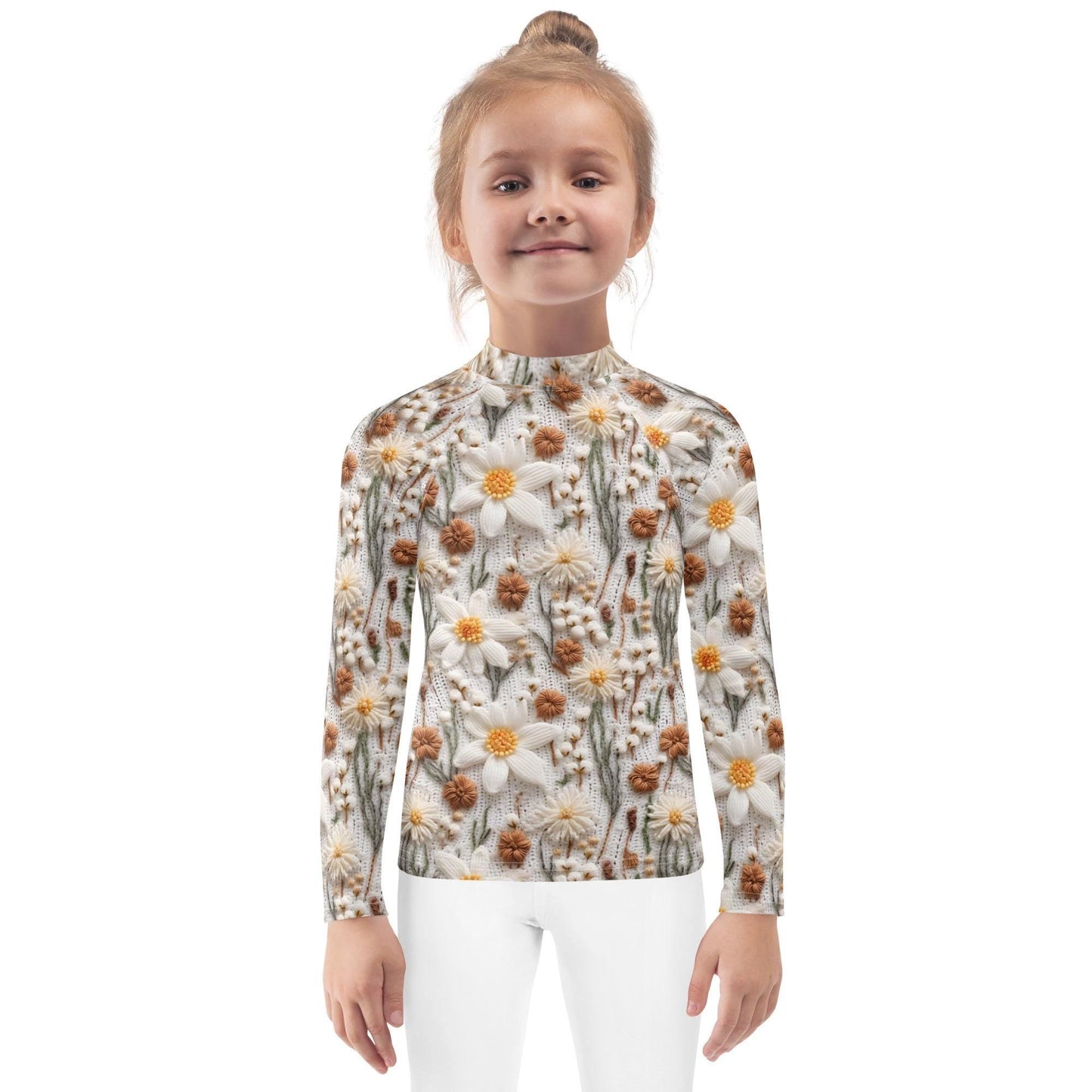 Kids Rash Guard, Crotchet floral pattern fitted kid child girl casual playground classroom everyday wear stylish long sleeve spandex shirt