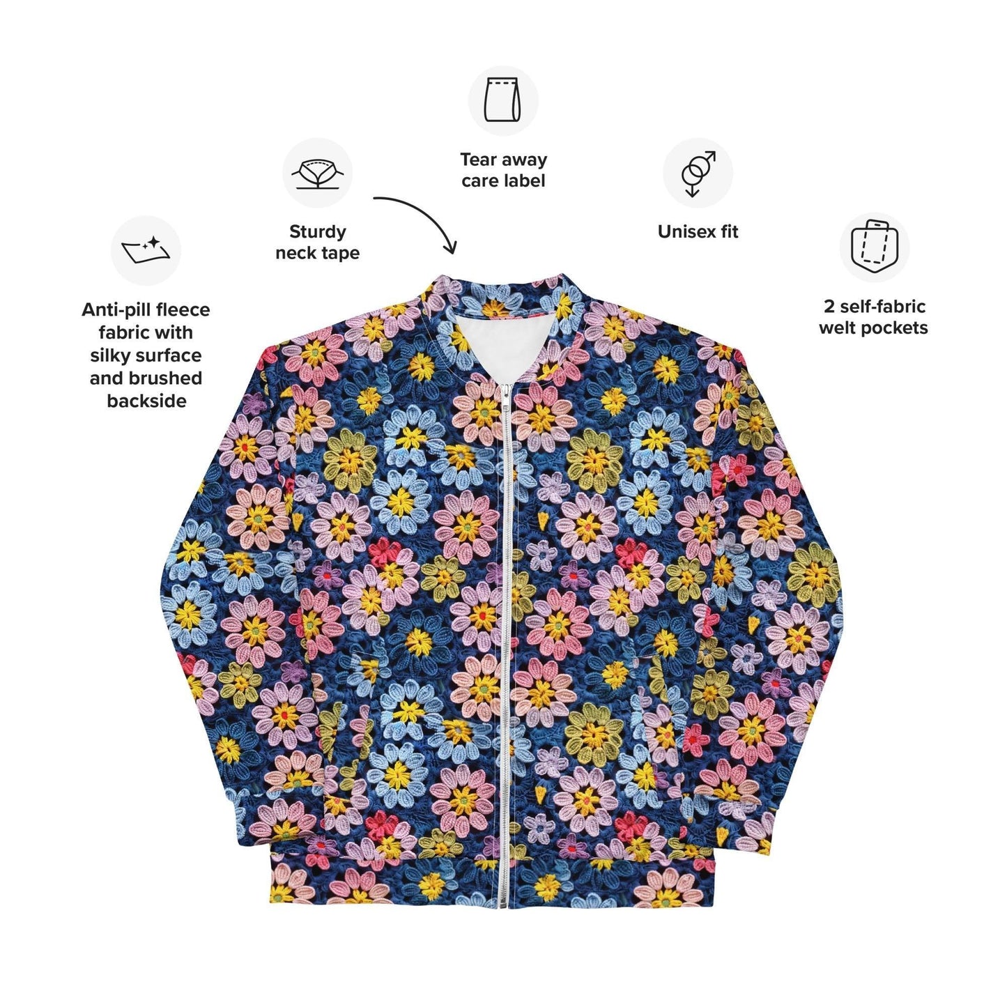 Women's floral Bomber Jacket, Stylish crochet classy casual dressy elegant feel pair with jeans or over dress or hoodie