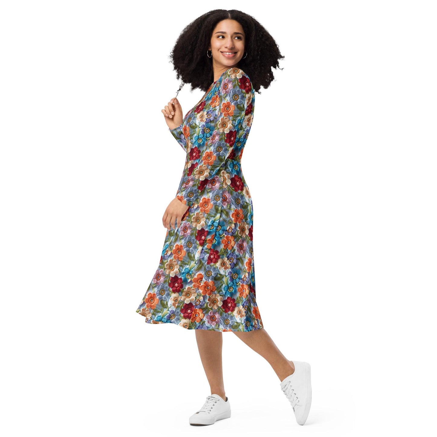 All-over print long sleeve midi dress, school work party fashion style floral crotchet allover pretty pattern design clothing attire