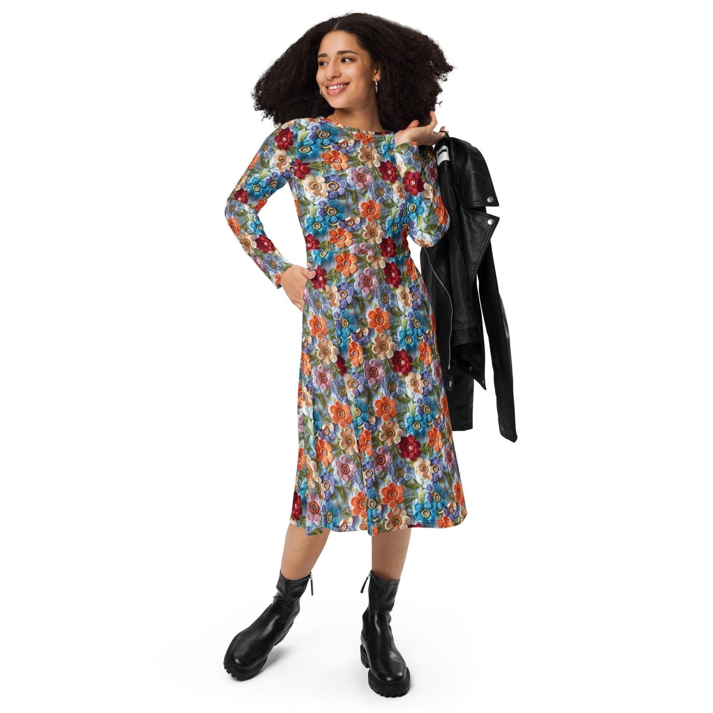 All-over print long sleeve midi dress, school work party fashion style floral crotchet allover pretty pattern design clothing attire