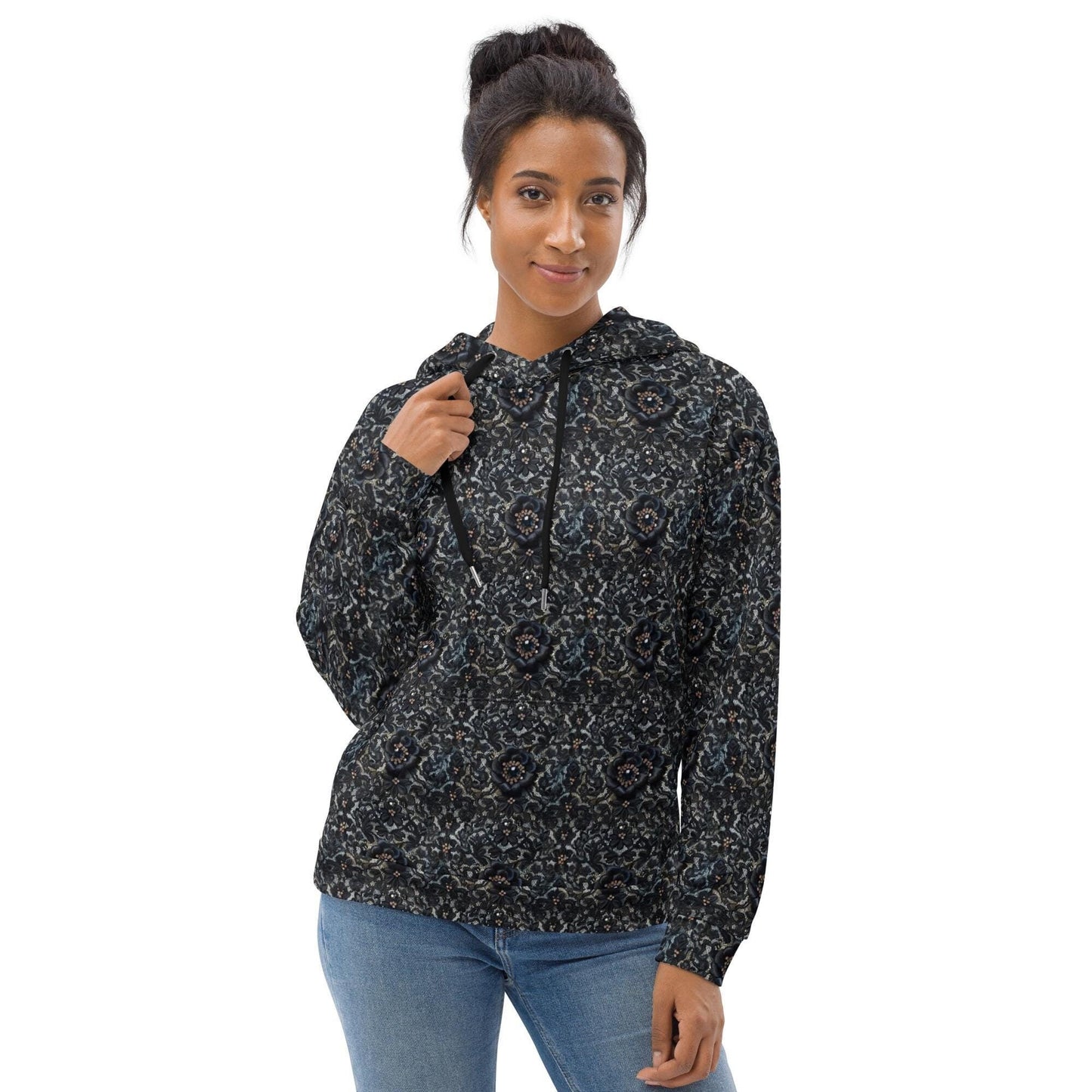 Female black floral lace sweater all over pattern comfy casual soft school work travel jeans winter holiday hoodie sweatshirt great gift