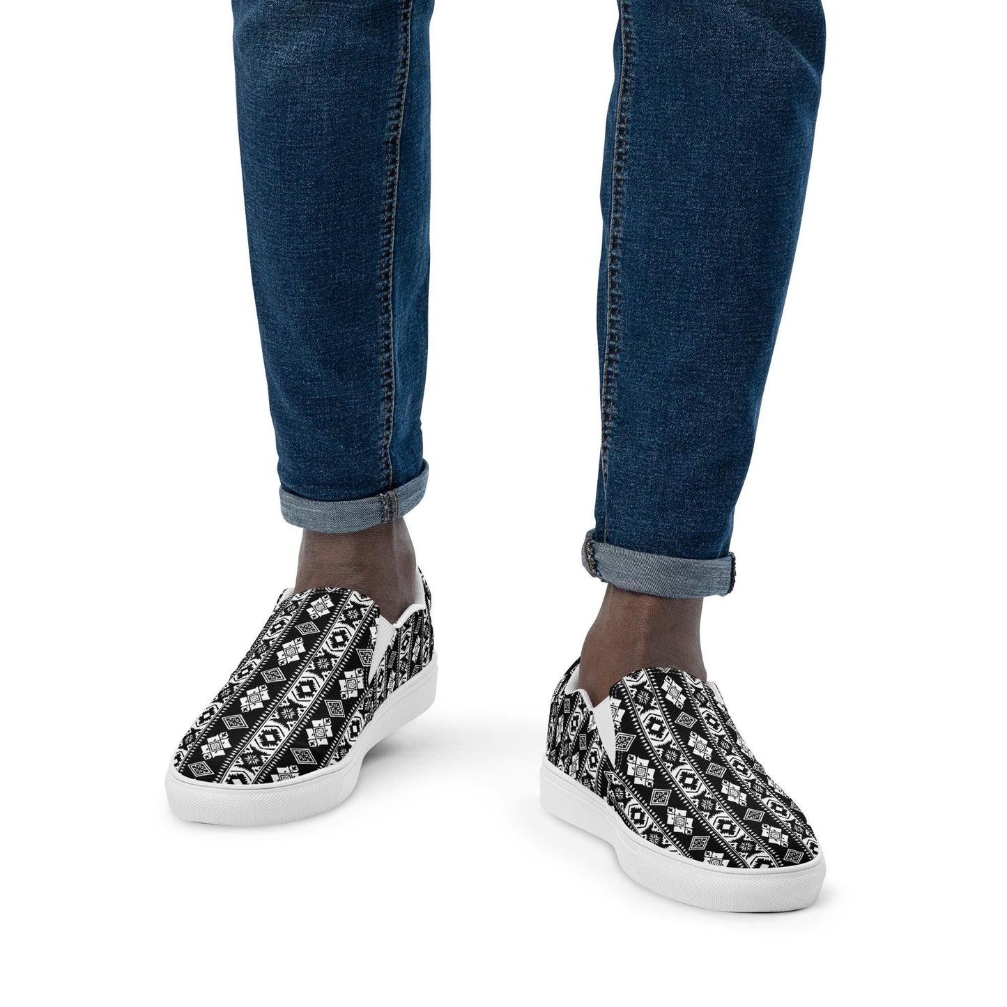Men’s slip-on canvas shoes, Tribal design men casual jean everyday wear stylish clean comfortable walking work shopping soft male shoe