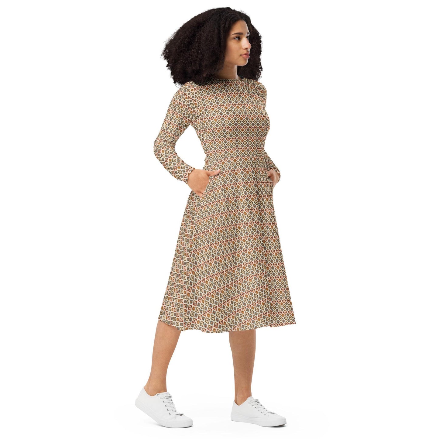 All-over print long sleeve midi dress, sophisticated tribal all over print pattern design casual date entrepreneur style clothing wear